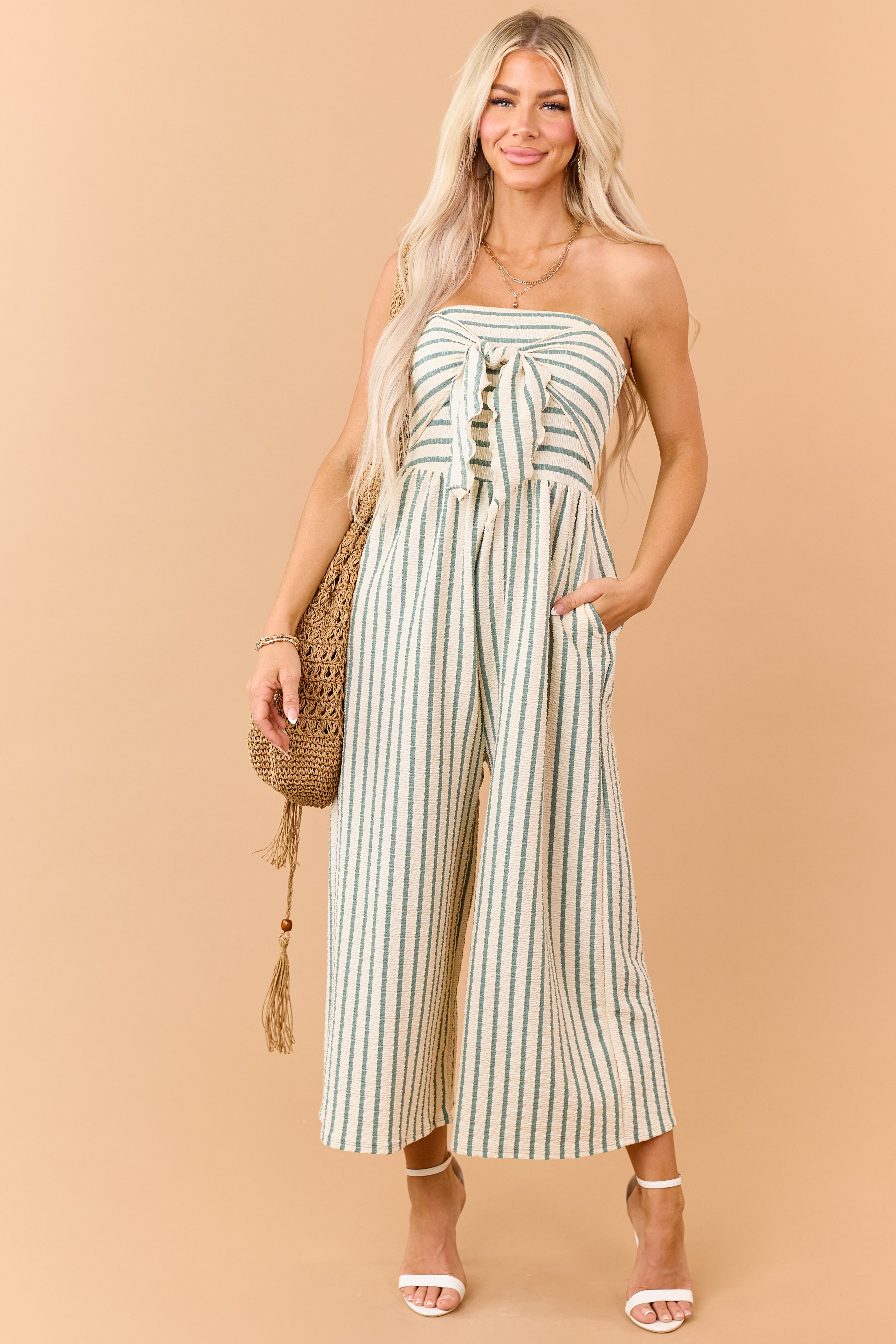 Cream and Sage Striped Strapless Jumpsuit