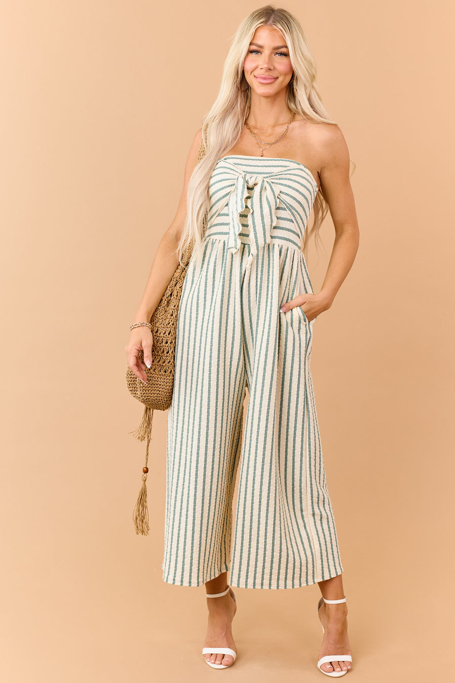 Cream and Sage Striped Strapless Jumpsuit