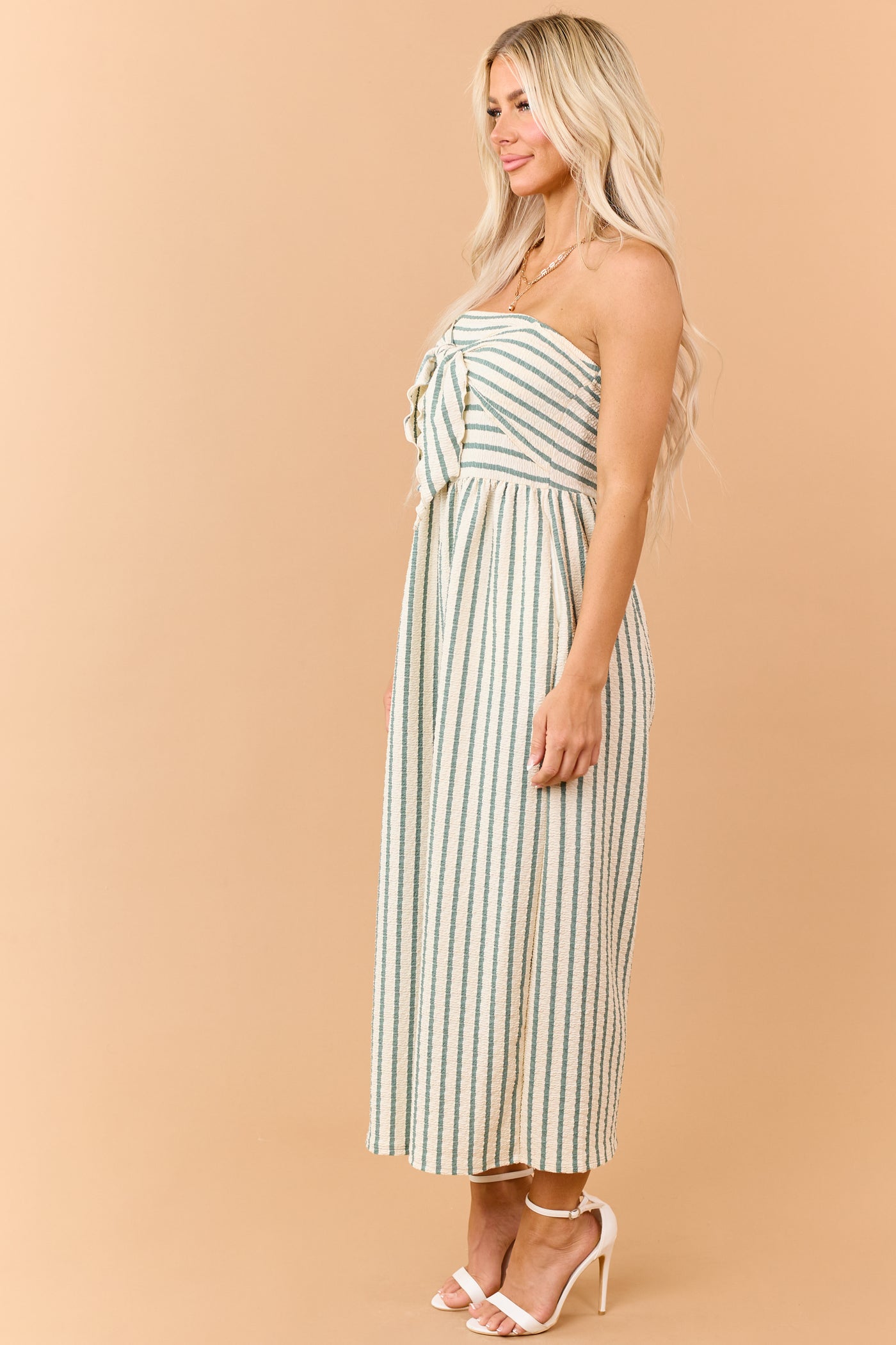 Cream and Sage Striped Strapless Jumpsuit