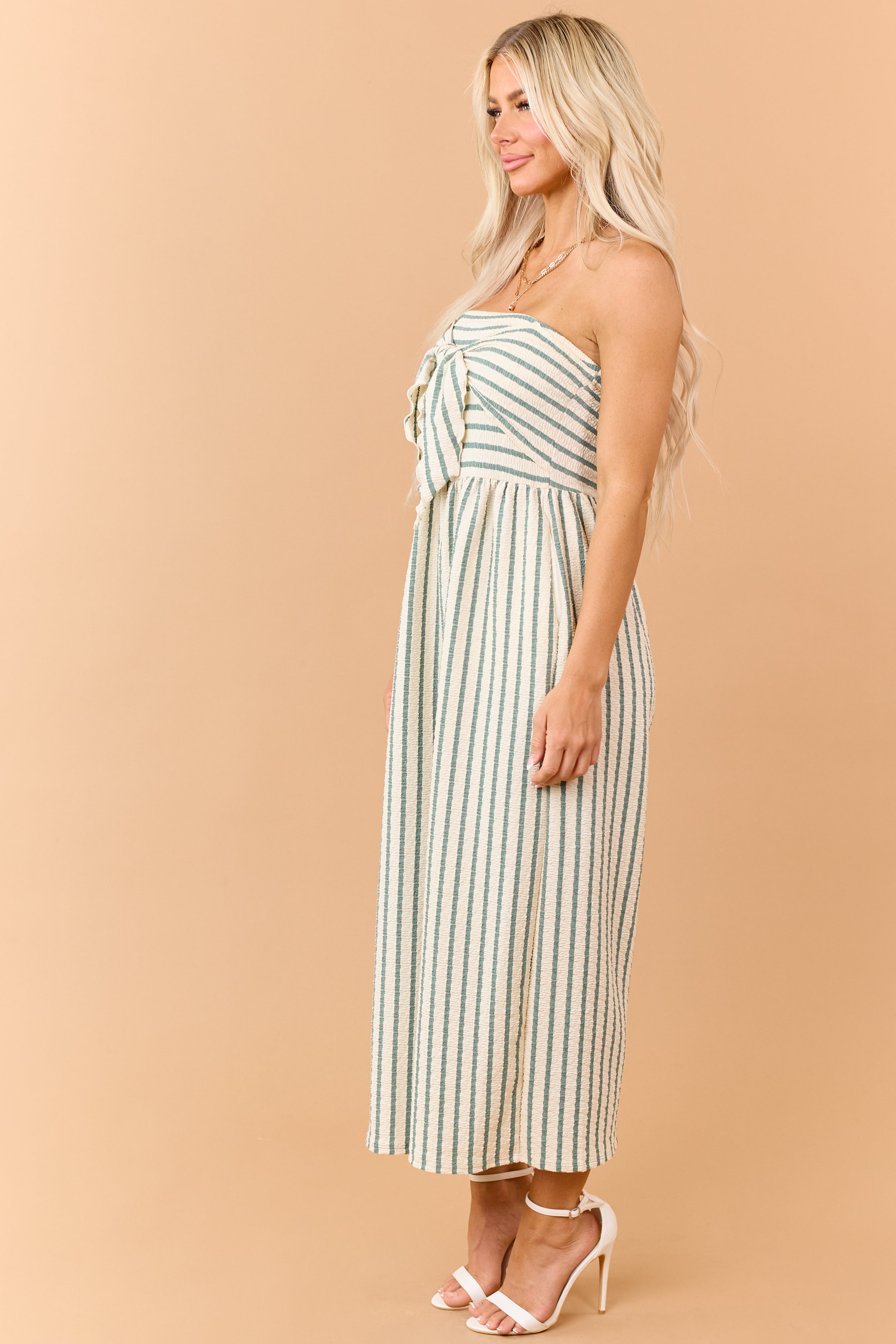 Cream and Sage Striped Strapless Jumpsuit