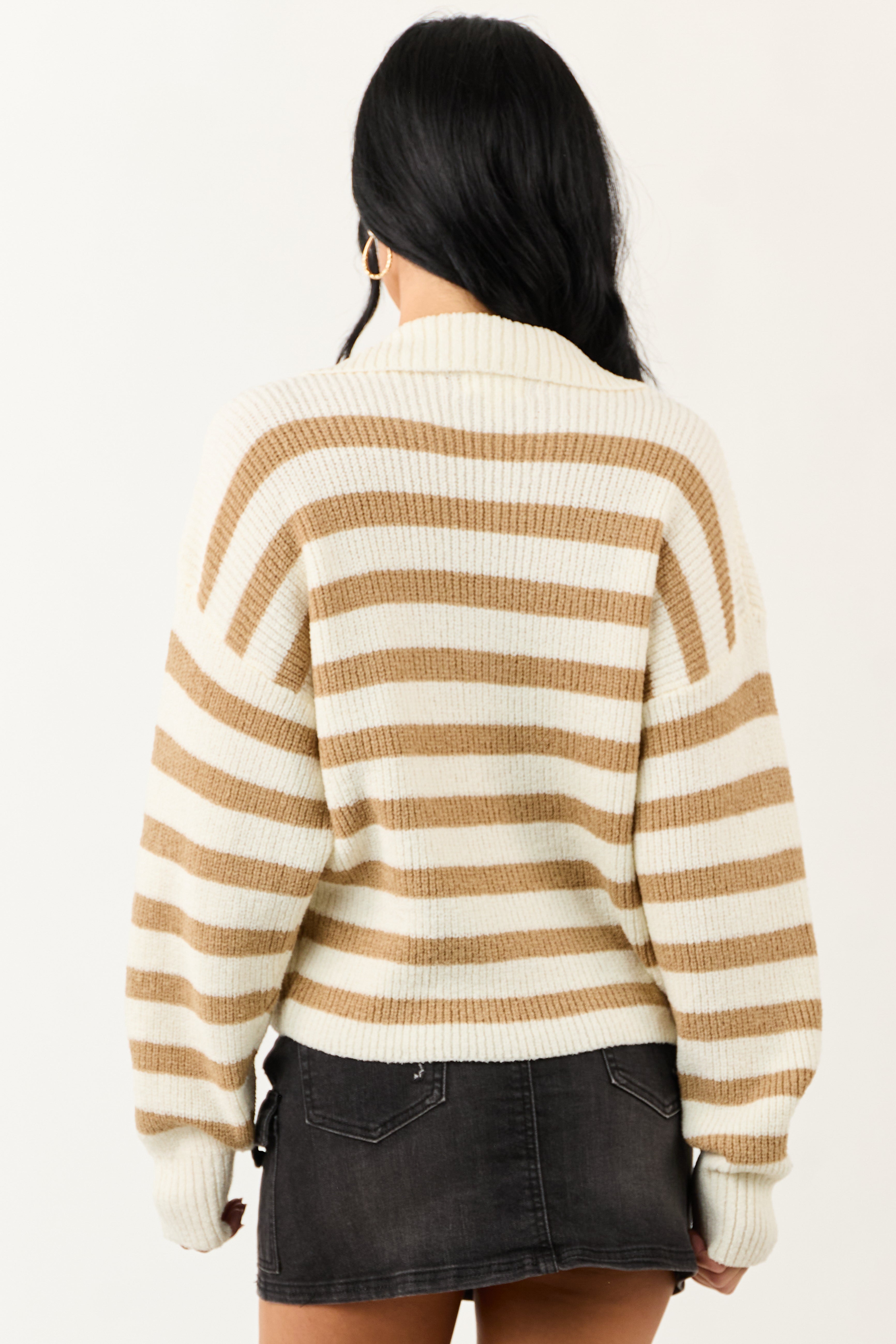 Cream and Sand Striped Collared Sweater