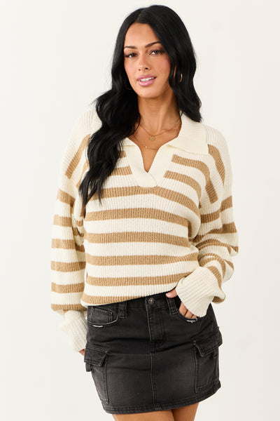 Cream and Sand Striped Collared Sweater
