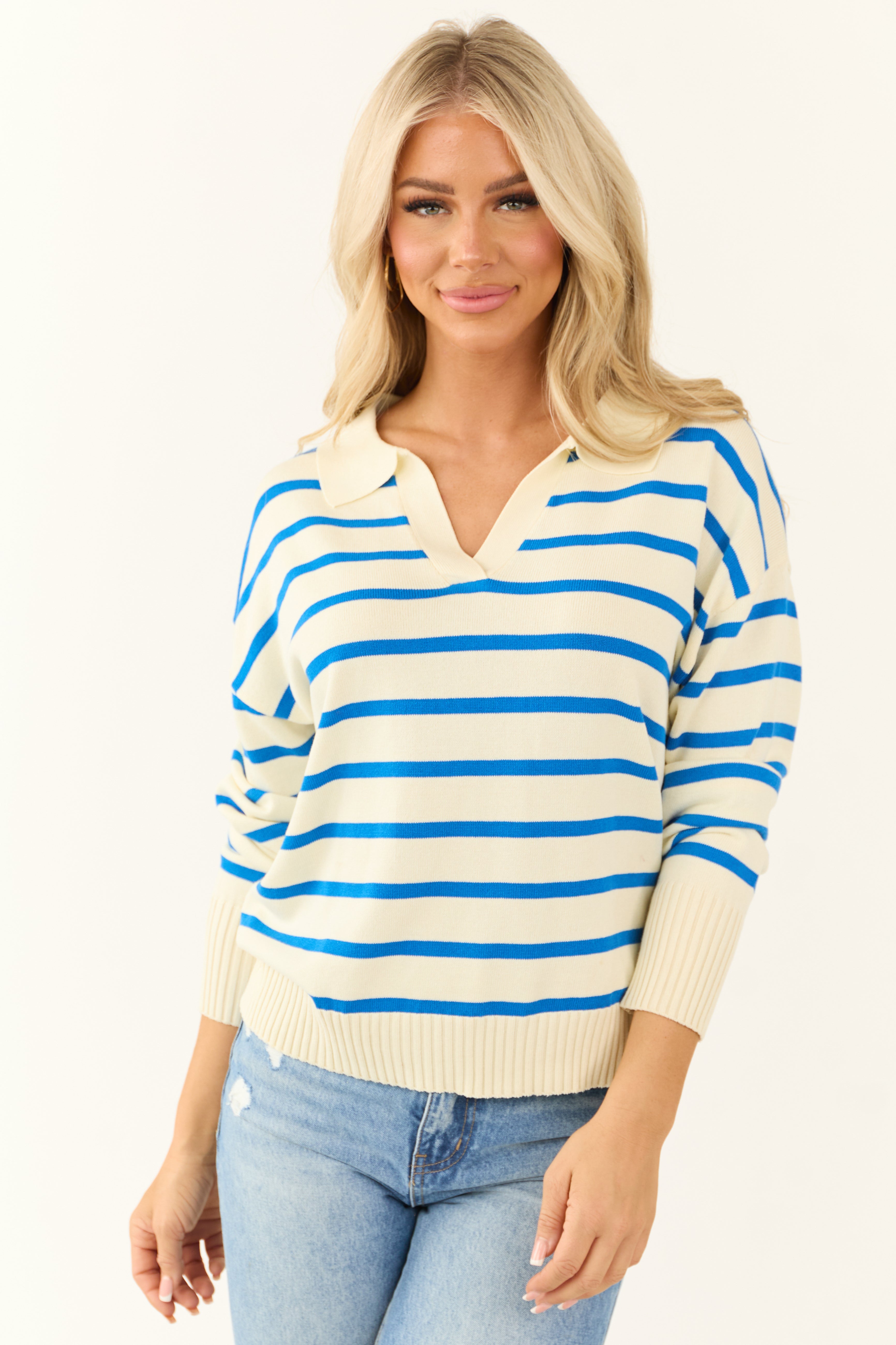 トップス V-NECK JACKET - DOBBY STRIPE Cream and Sapphire Striped Collared V Neck Sweater | Lime
