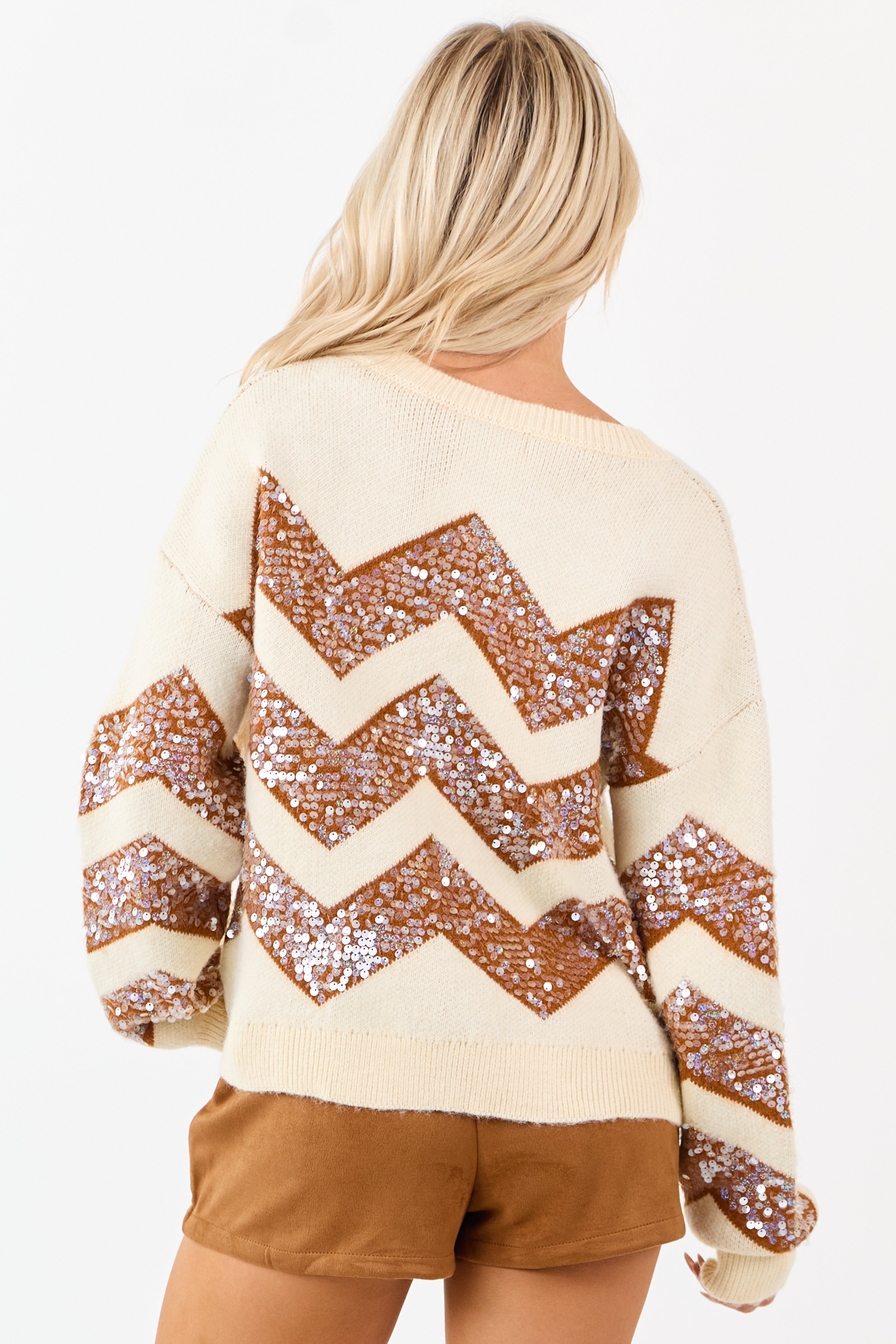 Cream and Sepia Chevron Sequined Knit Sweater