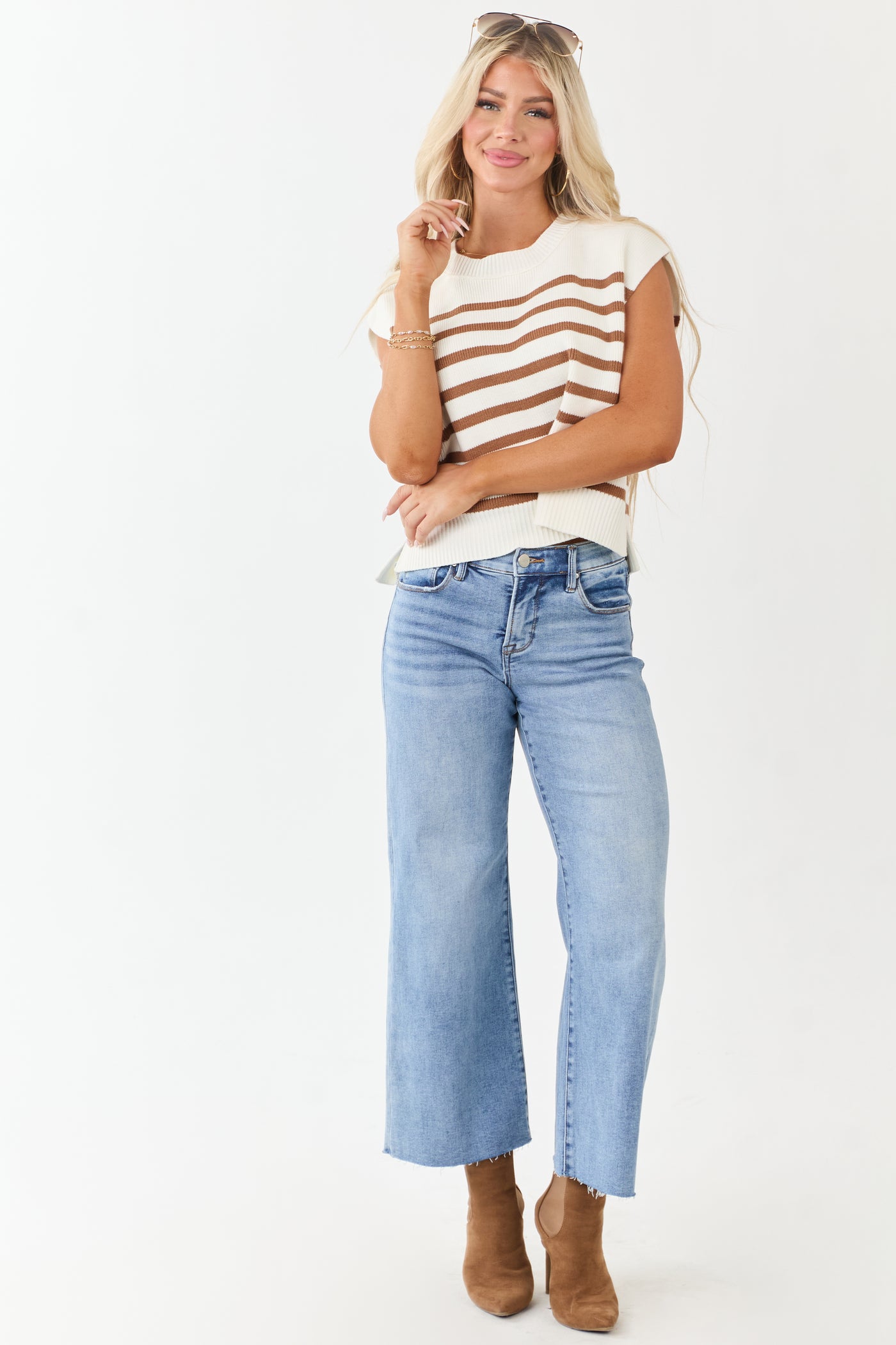 Cream and Sepia Striped Relaxed Sweater Vest