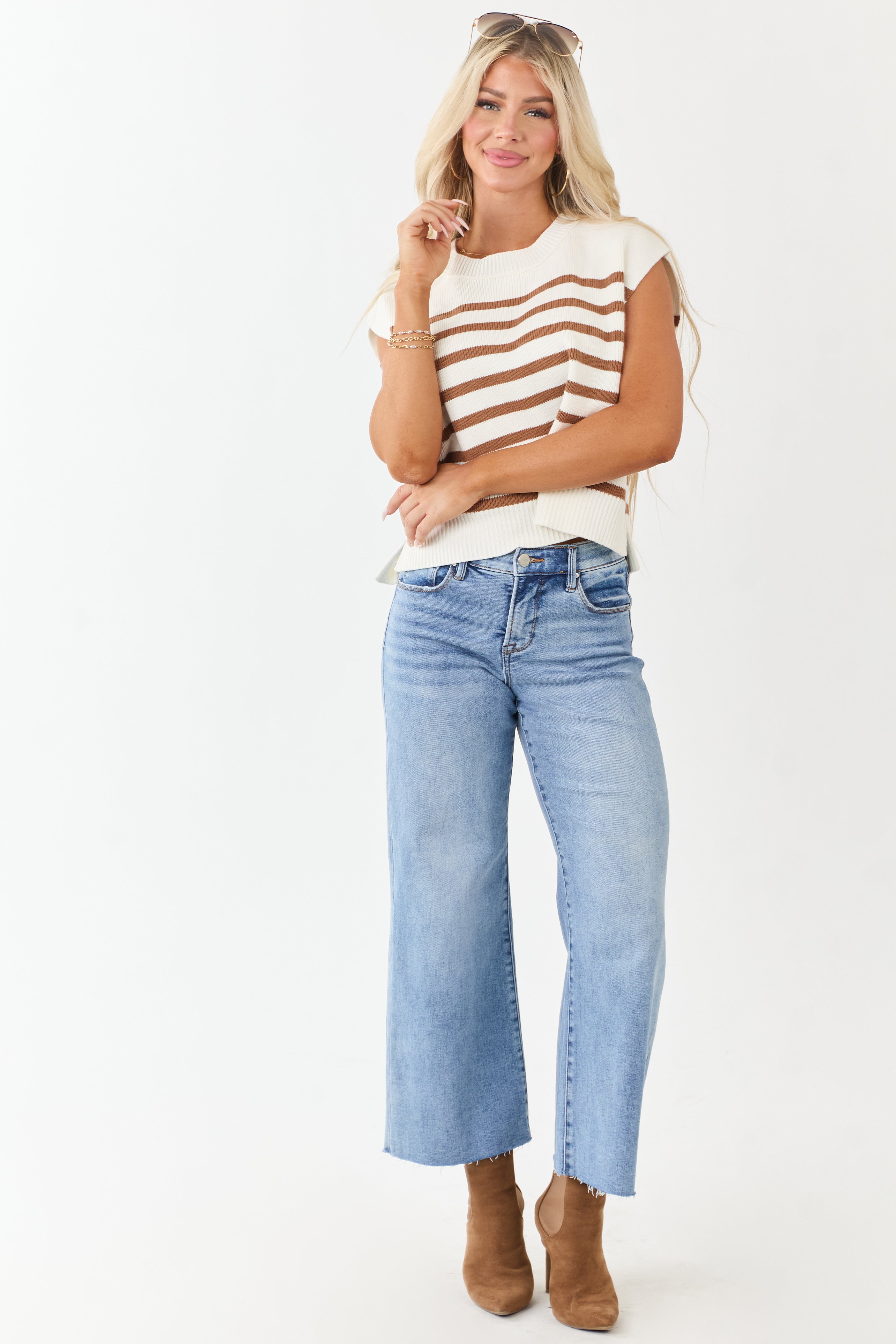 Cream and Sepia Striped Relaxed Sweater Vest