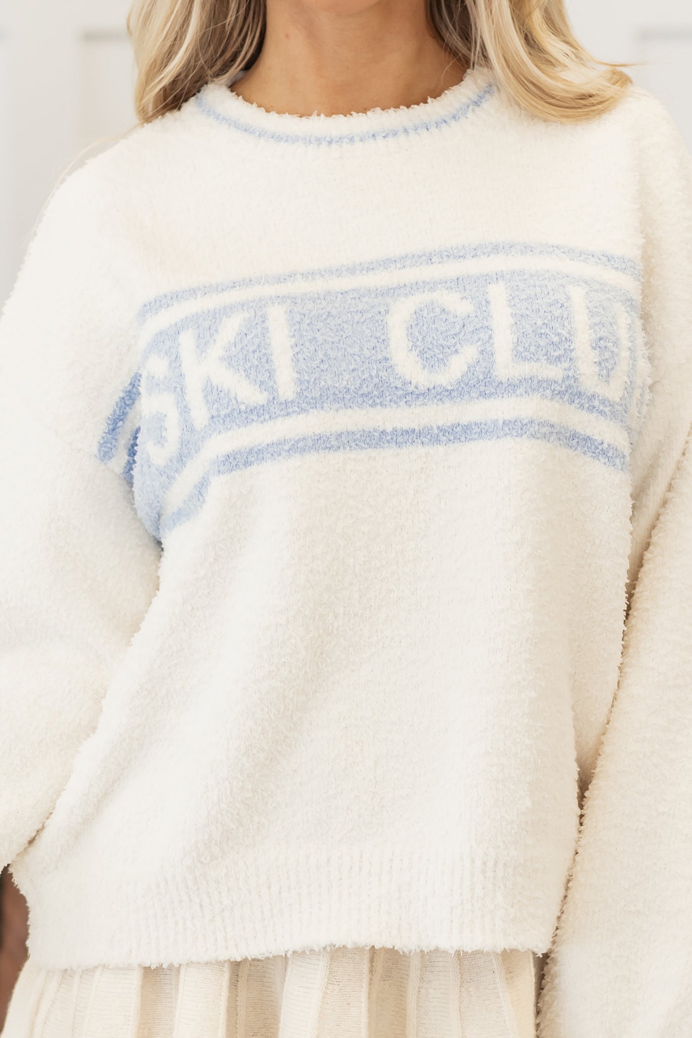 Cream and Sky Blue 'Ski Club' Fuzzy Sweater