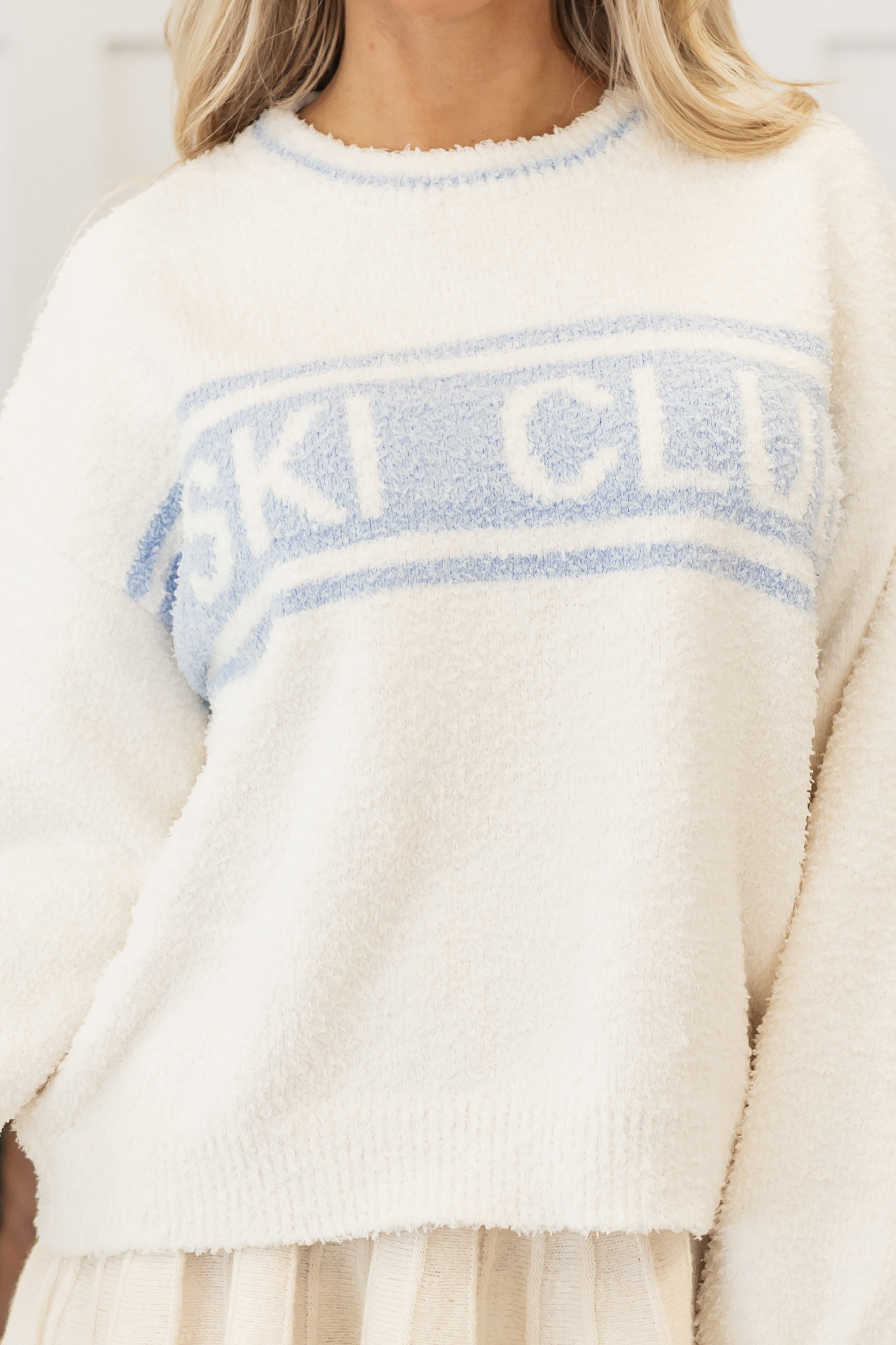 Cream and Sky Blue 'Ski Club' Fuzzy Sweater