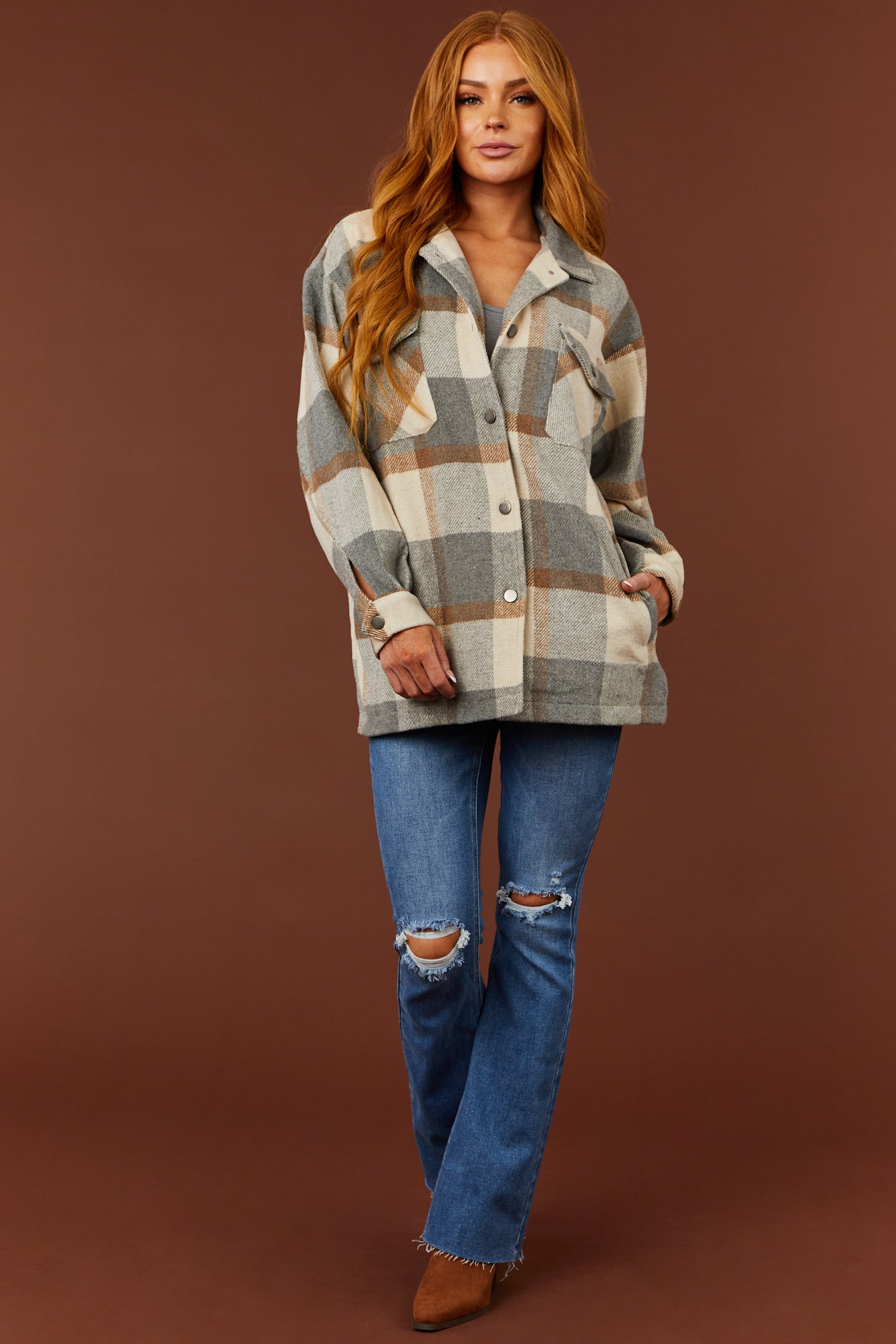 Cream and Slate Plaid Button Down Shacket