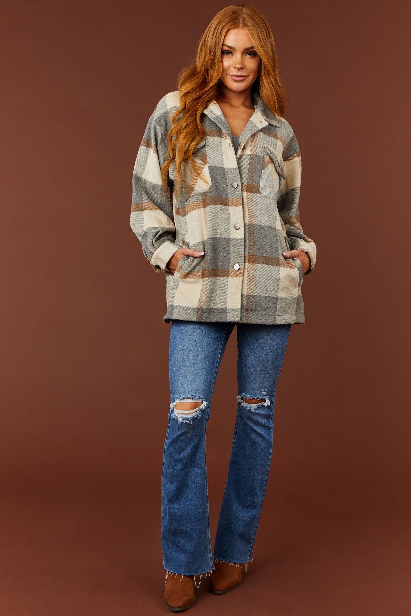 Cream and Slate Plaid Button Down Shacket