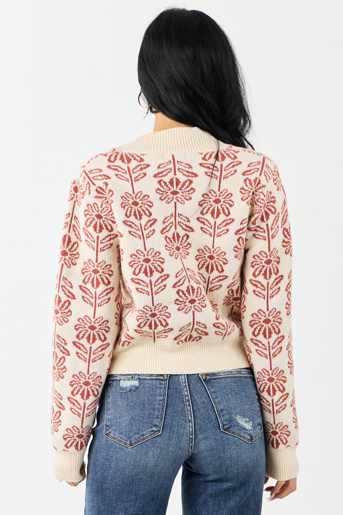 Cream and Tawny Floral Mock Neck Knit Sweater