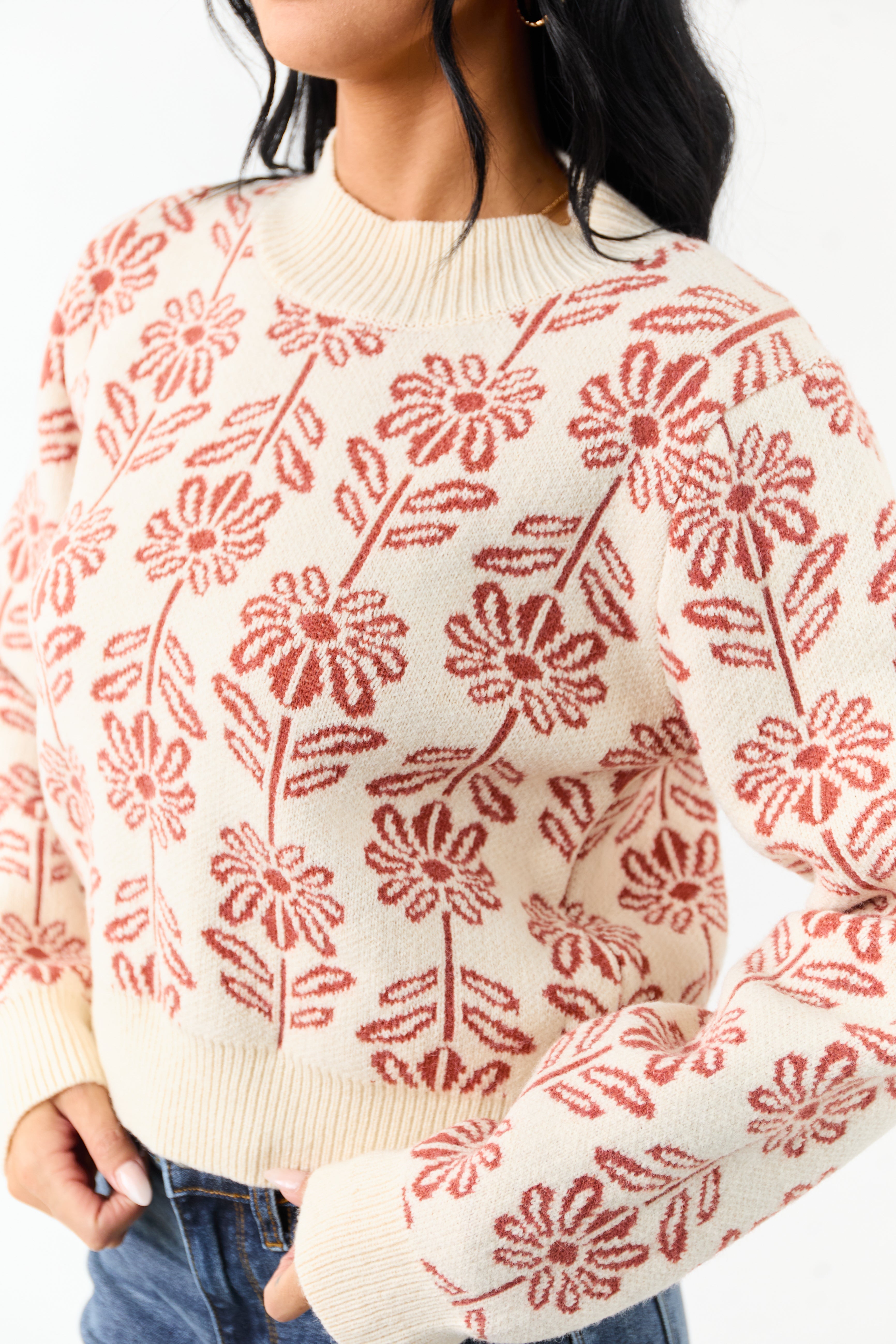 Cream and Tawny Floral Mock Neck Knit Sweater