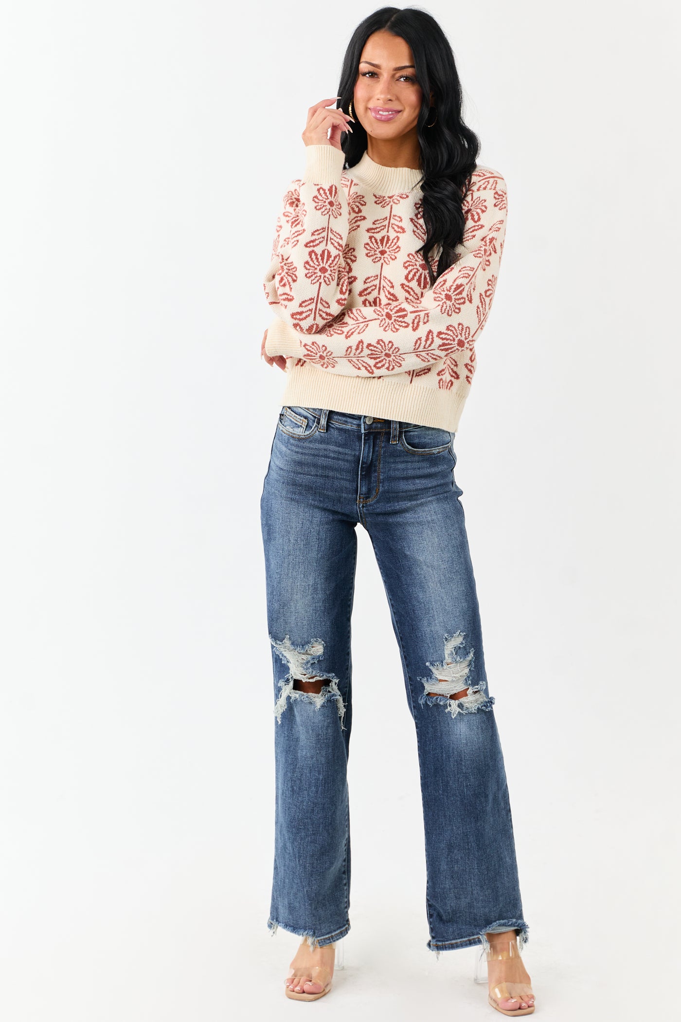 Cream and Tawny Floral Mock Neck Knit Sweater