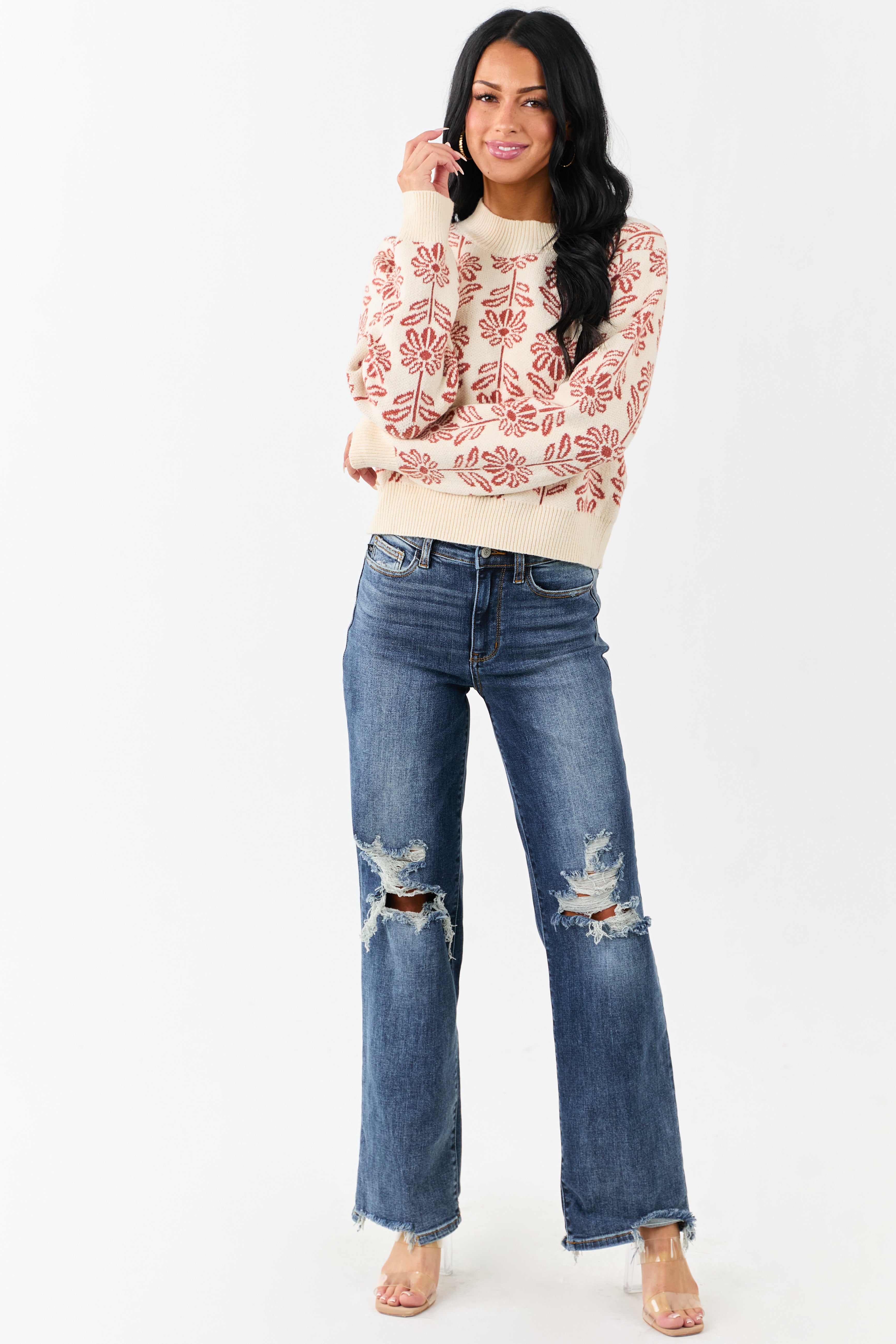 Cream and Tawny Floral Mock Neck Knit Sweater