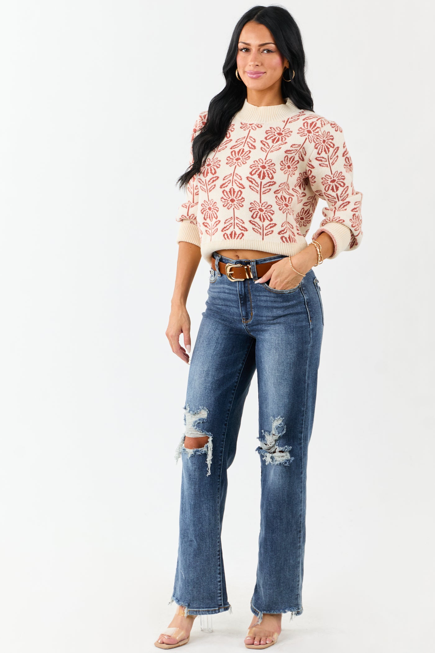 Cream and Tawny Floral Mock Neck Knit Sweater