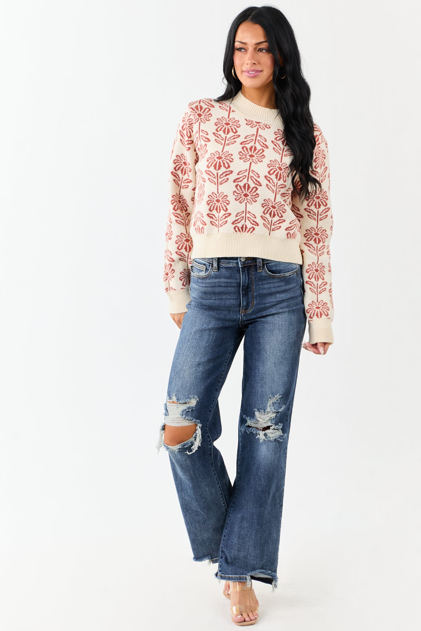 Cream and Tawny Floral Mock Neck Knit Sweater