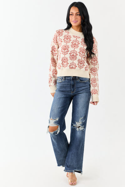 Cream and Tawny Floral Mock Neck Knit Sweater