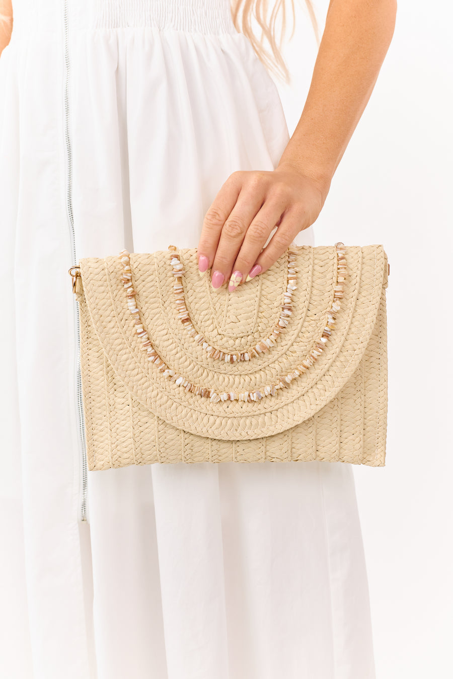 Cream Bead Detail Woven Snap Closure Handbag
