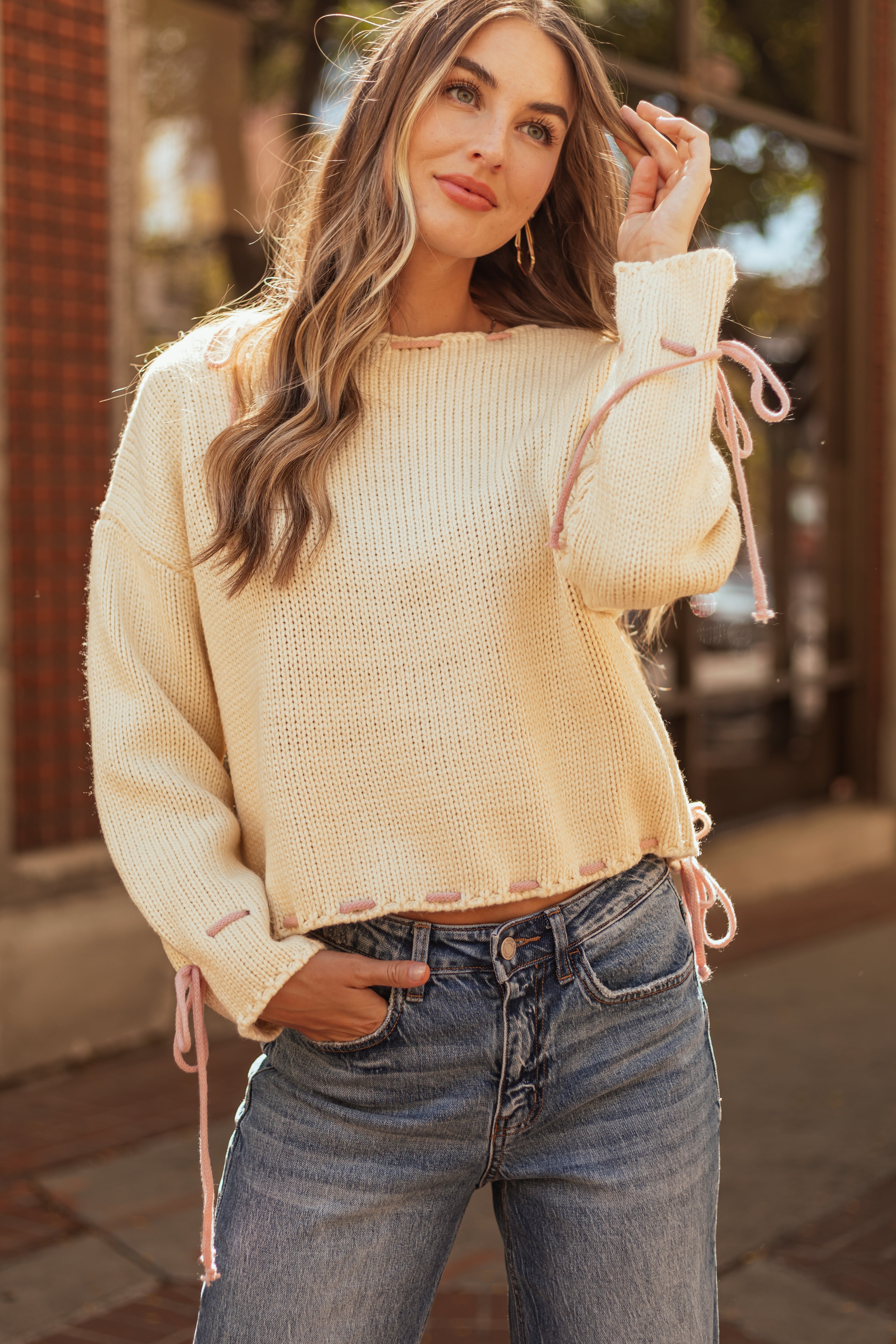 Cream Contrast Cinched Thread Knit Sweater | Lime Lush Boutique