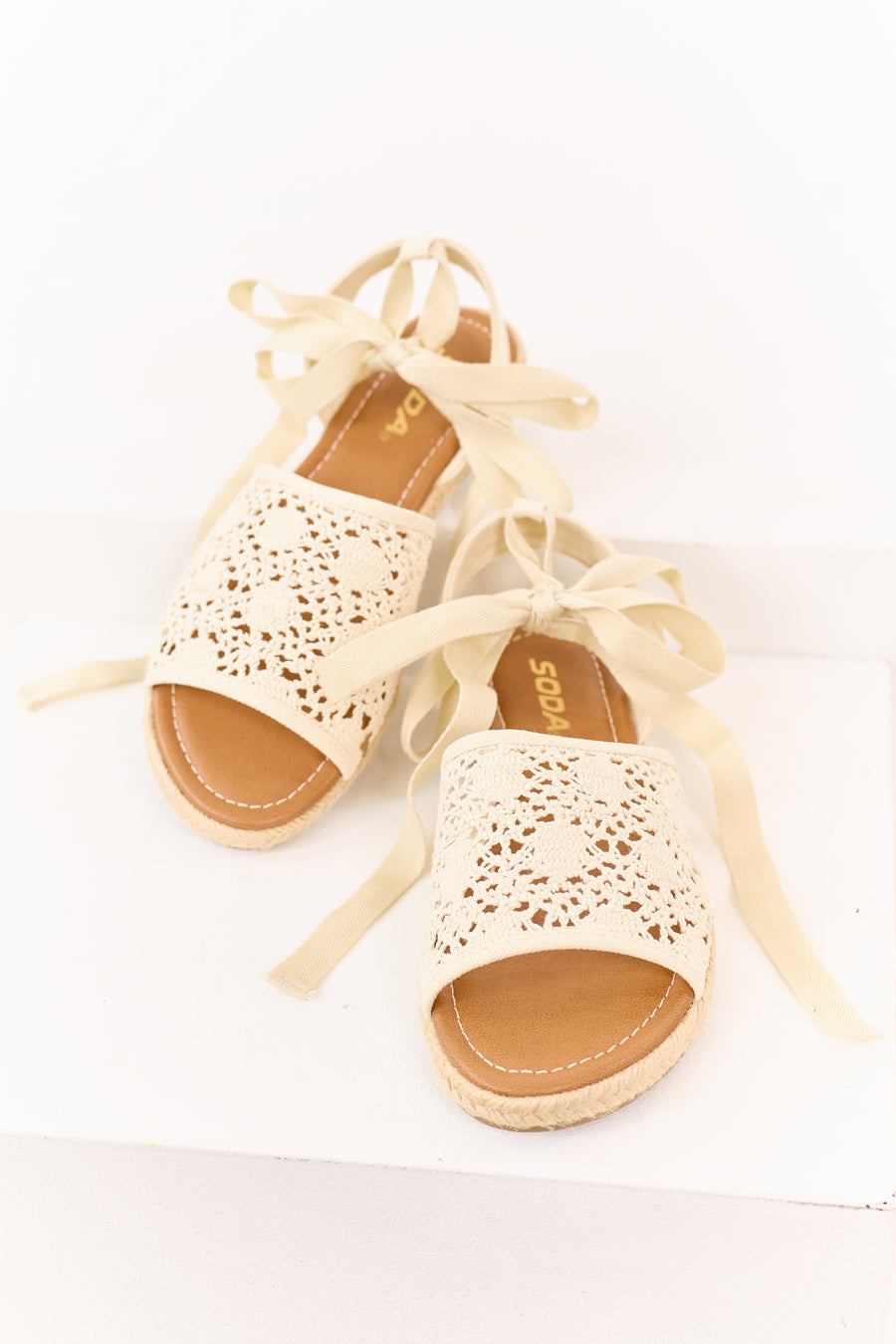 Cream Crochet Band Ankle Strap Sandals