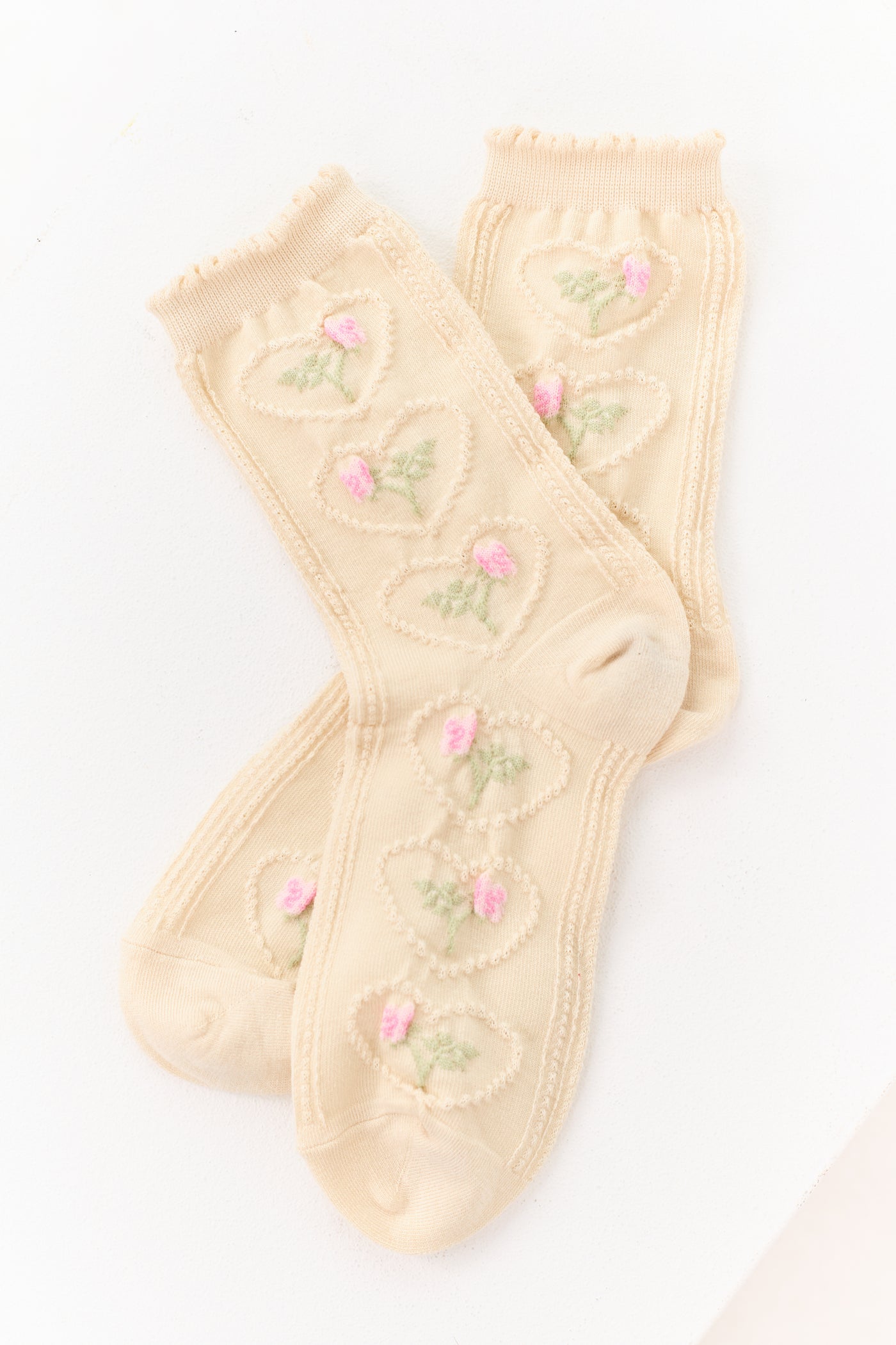Cream Embroidered Floral and Heart Crew Socks
