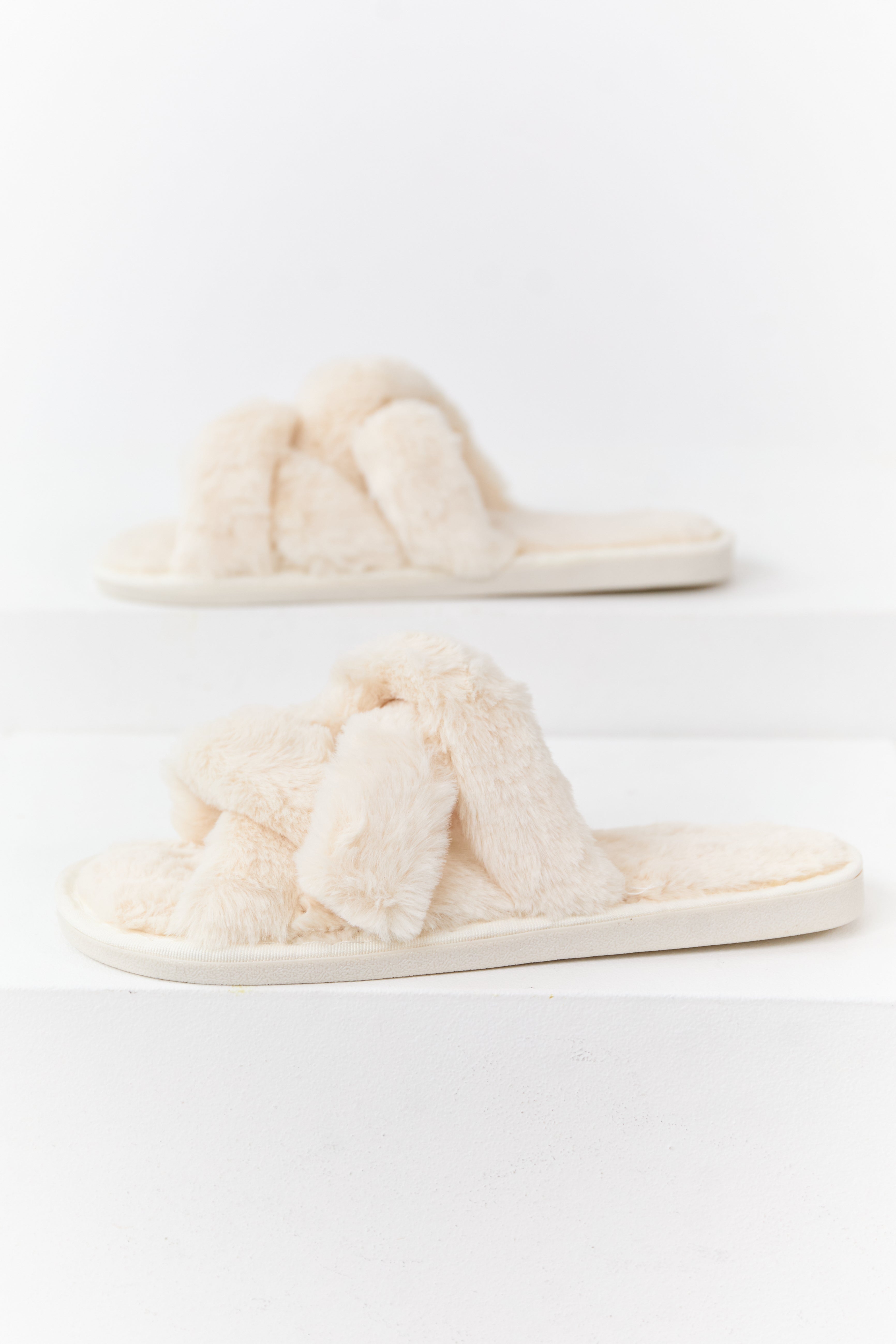 Cream Faux Fur Double Cross Strap Slippers