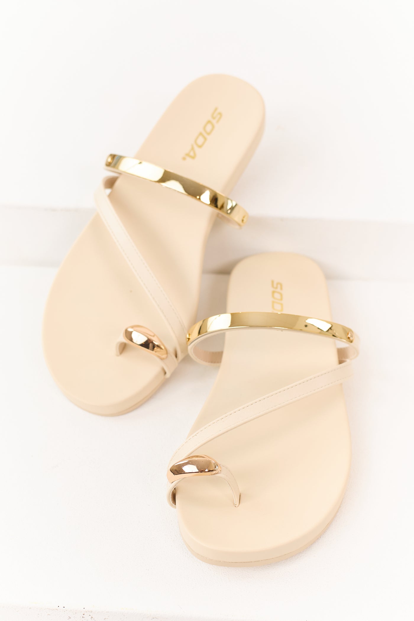 Cream Faux Leather Gold Toe Strap Sandals