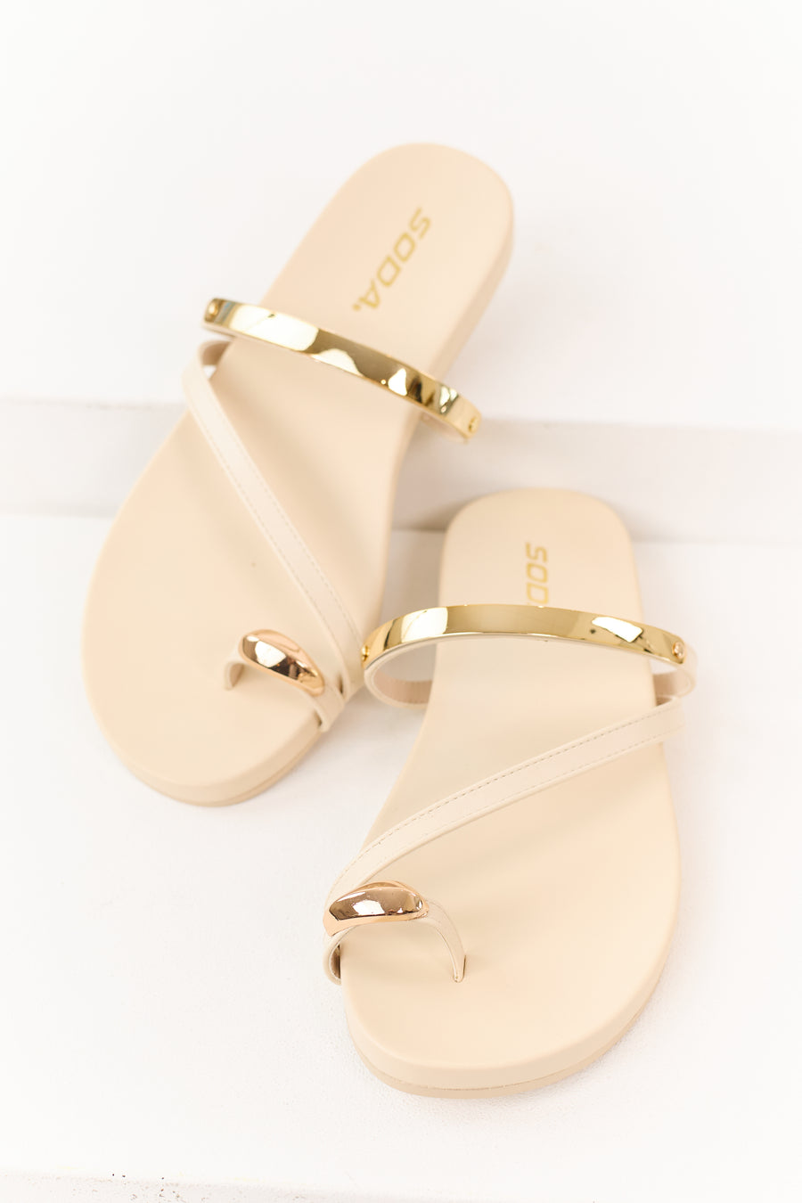 Cream Faux Leather Gold Toe Strap Sandals