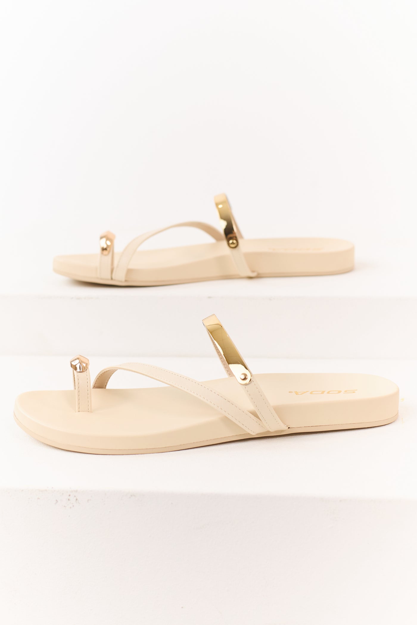 Cream Faux Leather Gold Toe Strap Sandals
