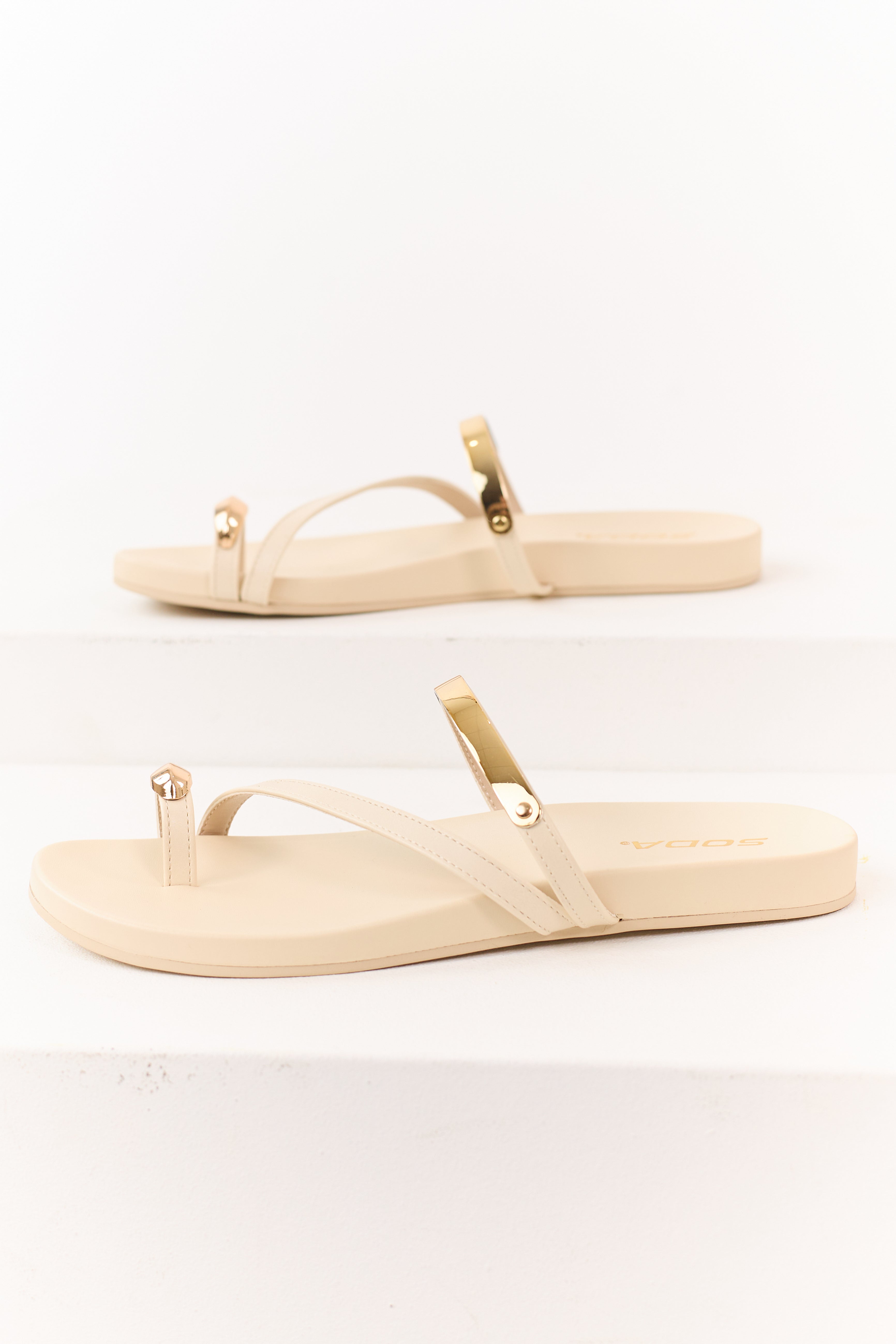 Cream Faux Leather Gold Toe Strap Sandals