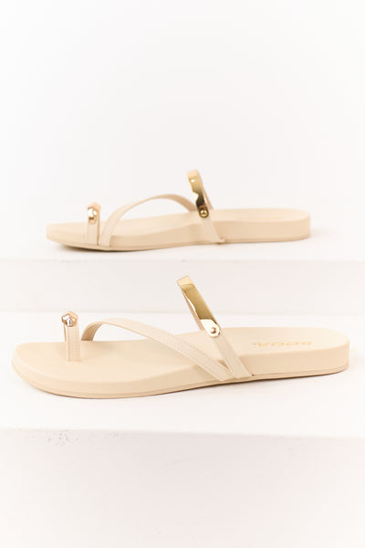 Cream Faux Leather Gold Toe Strap Sandals