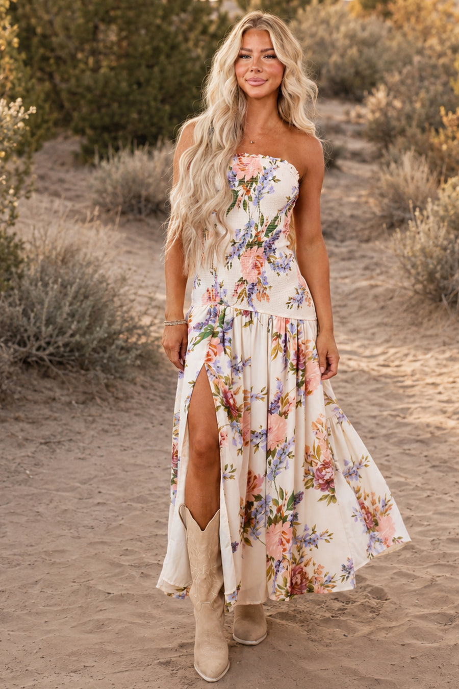 Cream Floral Print Smocked Strapless Maxi Dress