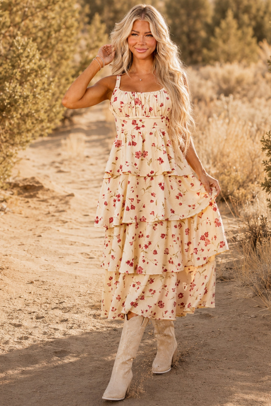Cream Floral Print Tiered Ruffle Midi Dress