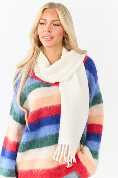 Cream Fringe End Soft Knit Scarf