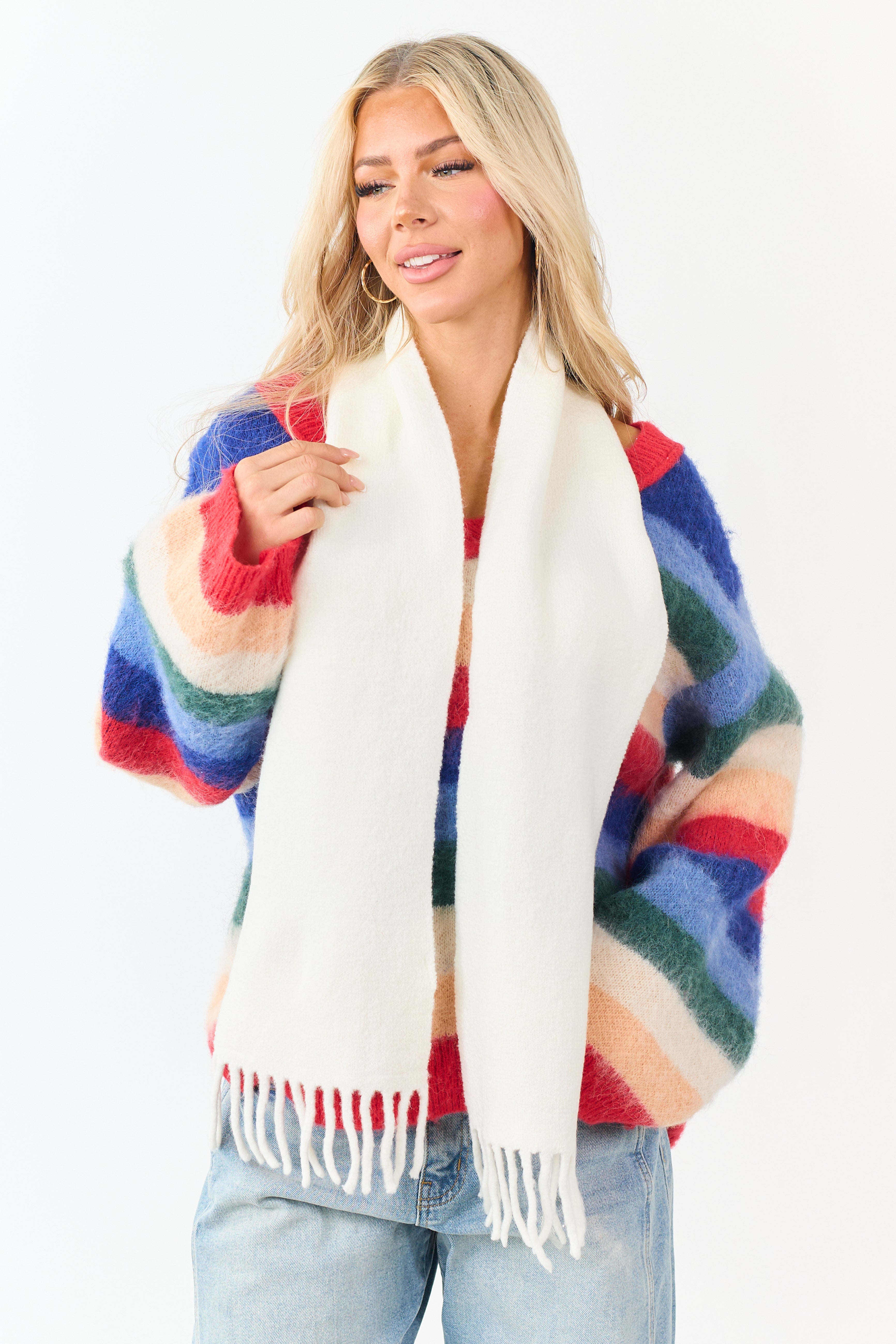 Cream Fringe End Soft Knit Scarf