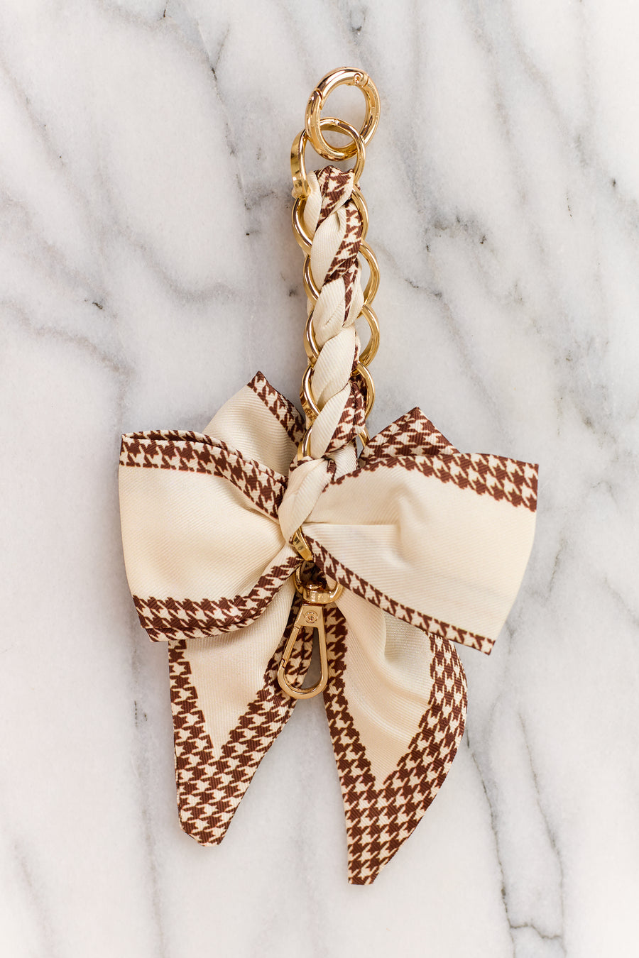Cream Houndstooth Bow Chain Bag Charm