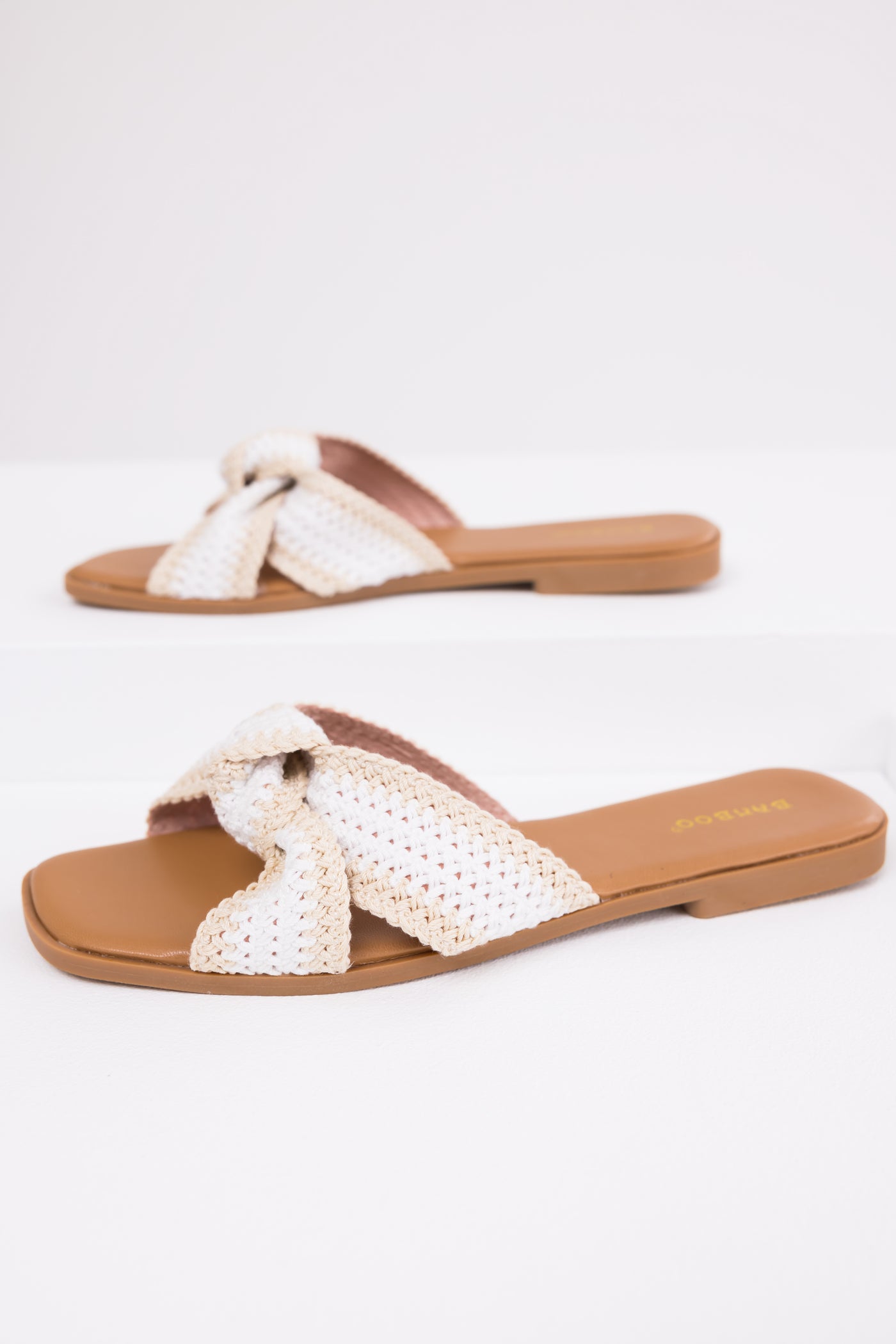 Cream Knit Strap Open Toe Flat Sandals