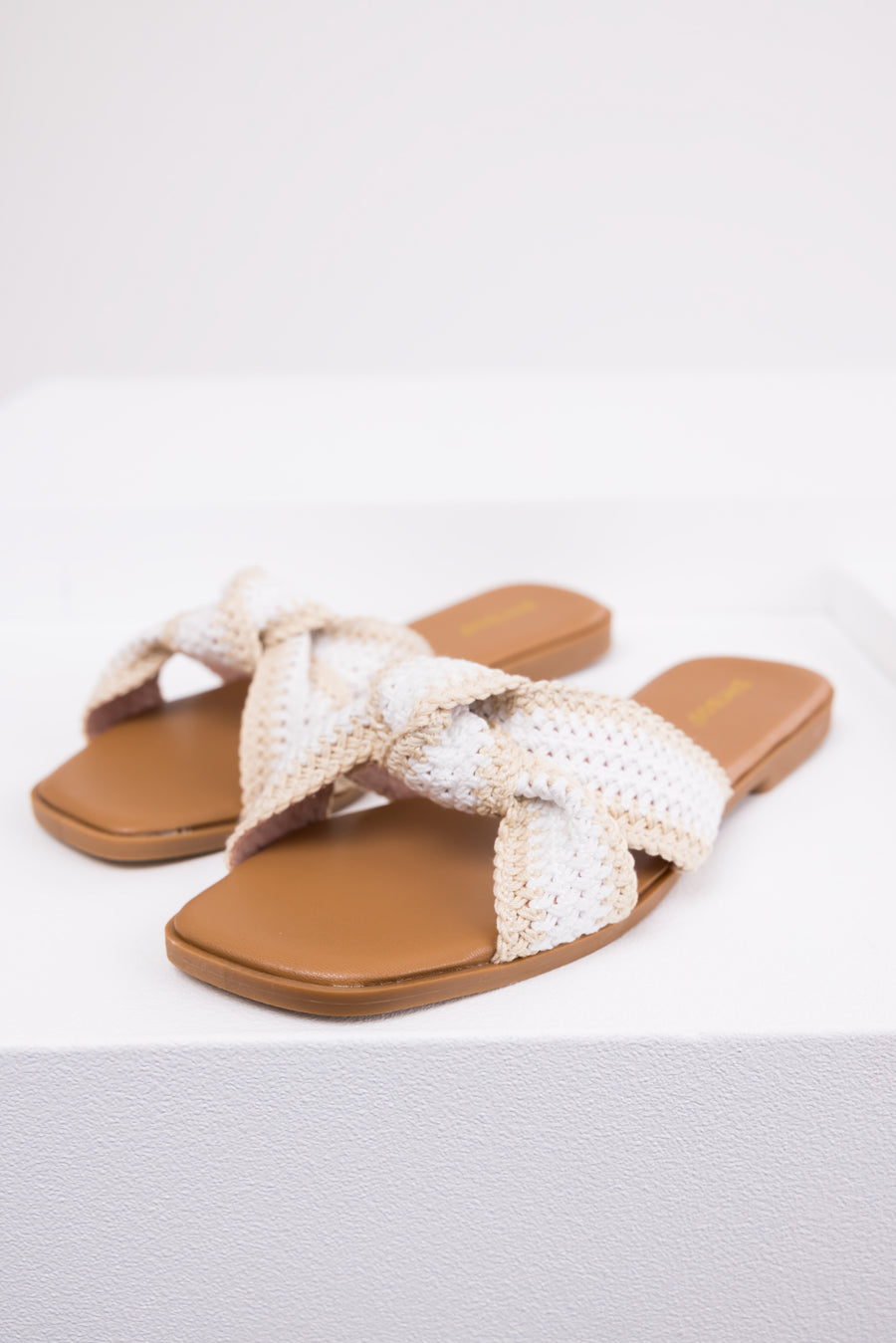 Cream Knit Strap Open Toe Flat Sandals
