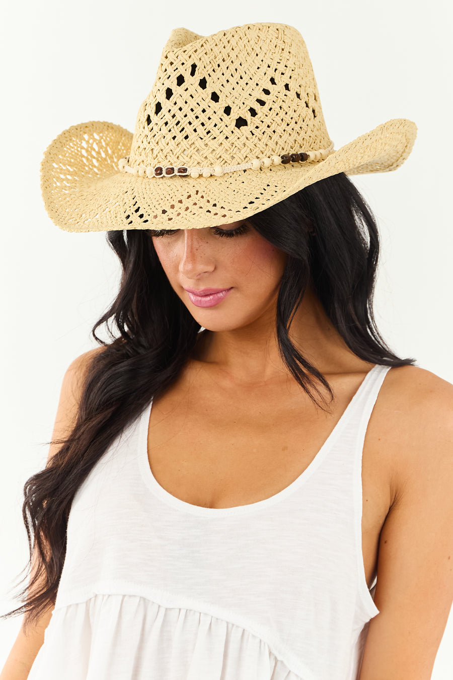 Cream Mixed Beaded Western Straw Cowboy Hat