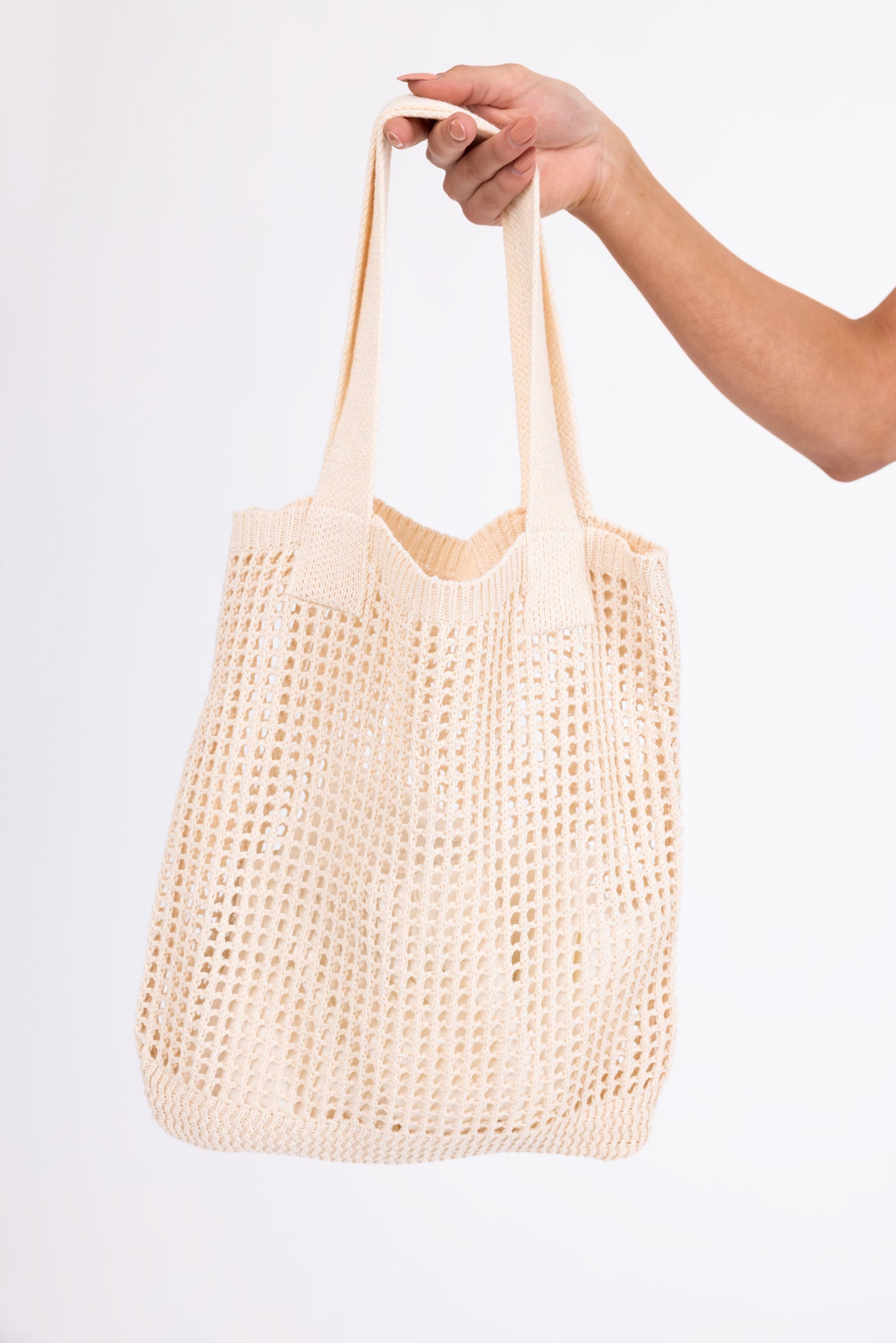 Cream Pointelle Crochet Knit Tote Bag