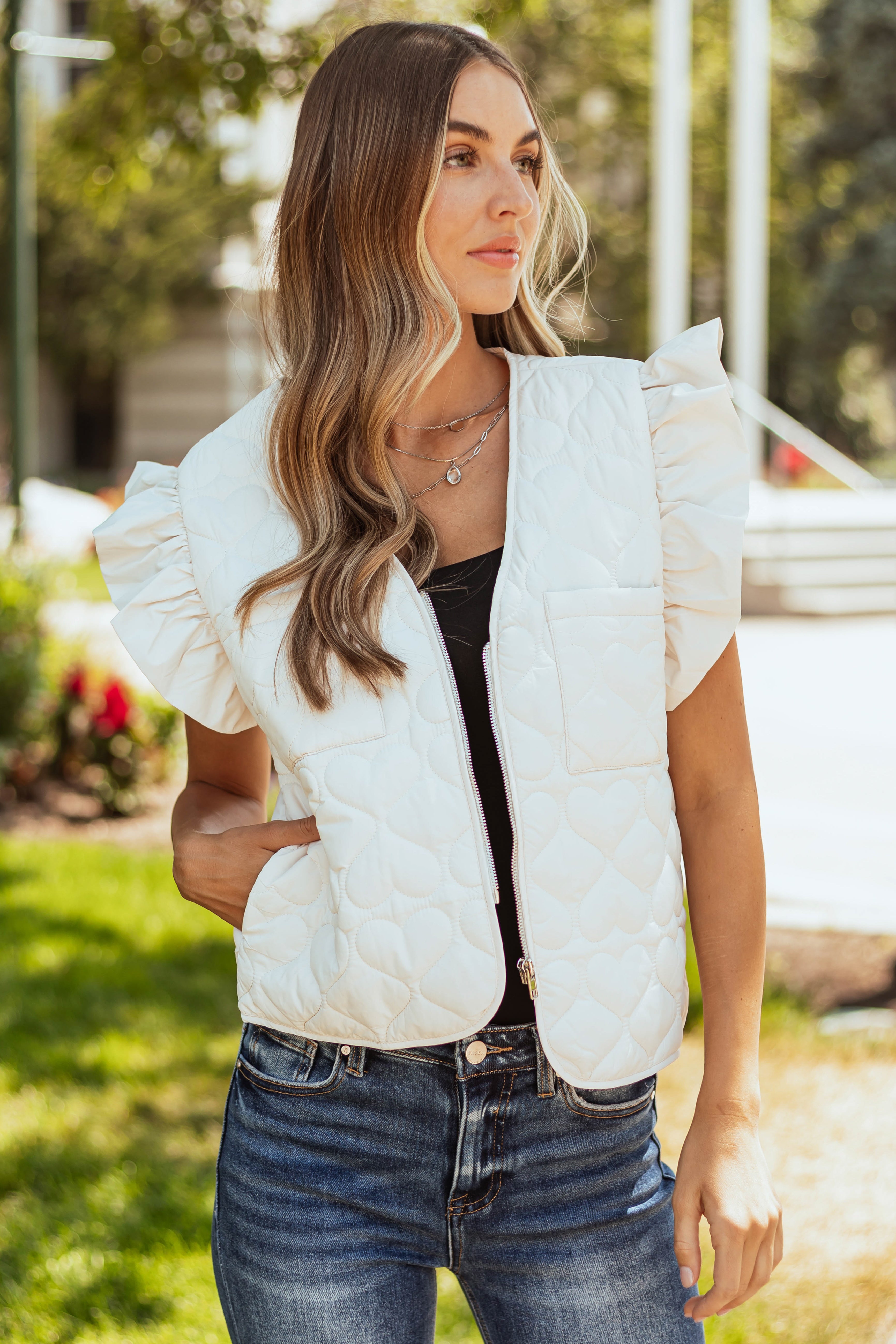 Cream Ruffle Strap Zip Up Quilted Puffer Vest | Lime Lush Boutique