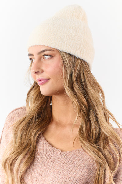 Cream Soft Fuzzy Knit Beanie