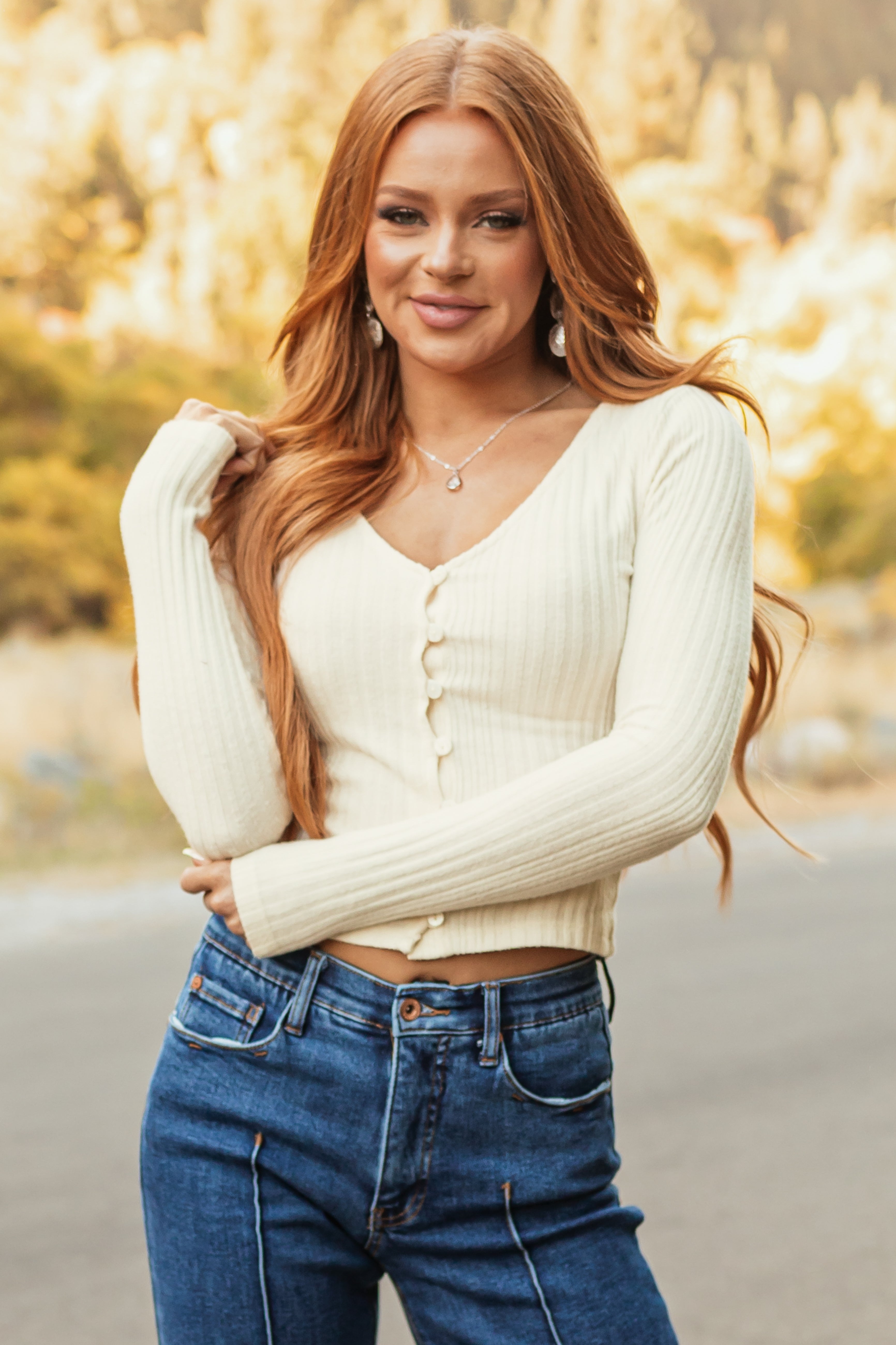 Cream Stretchy Knit Fitted Button Down Top