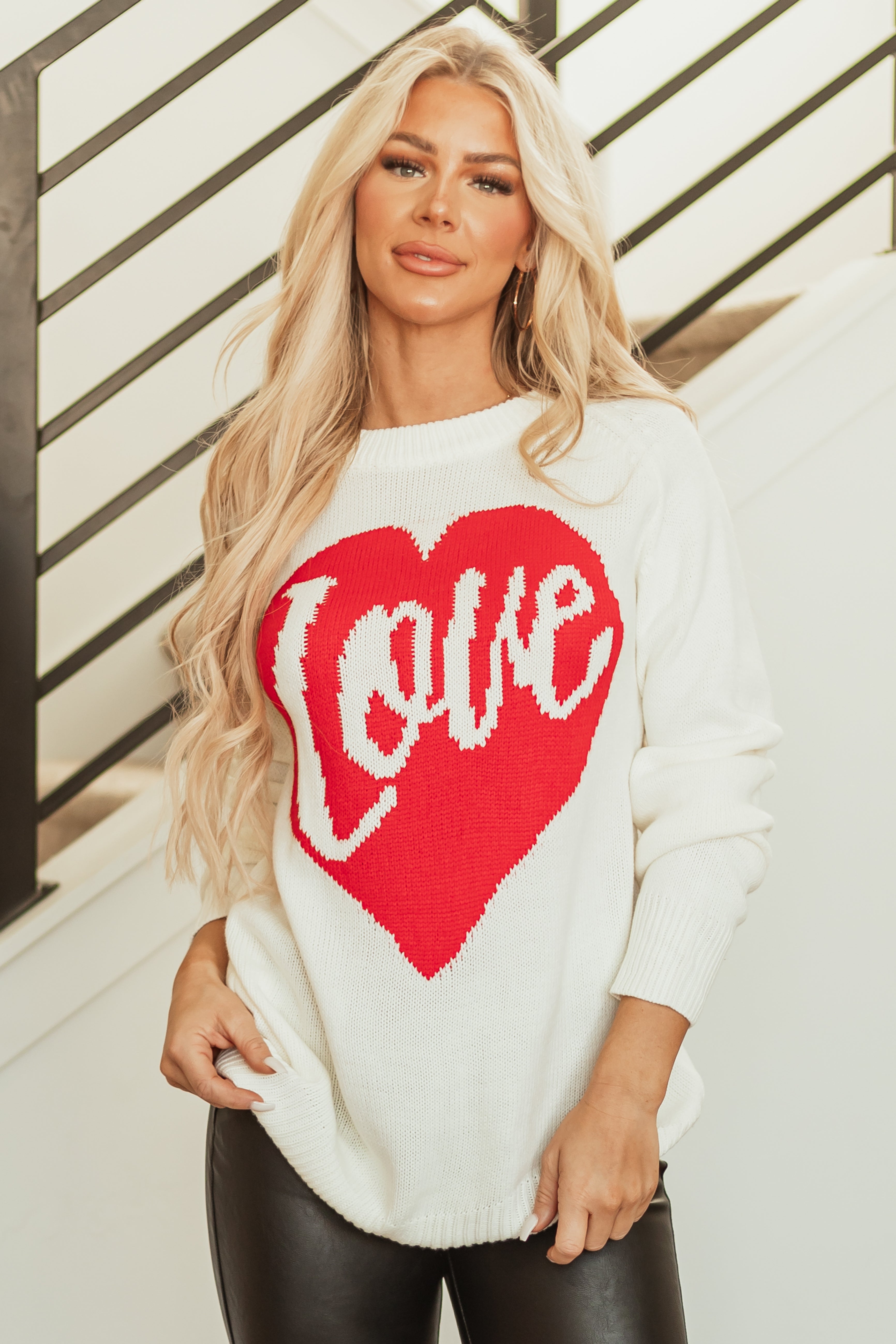 Cream 'Love' Heart Graphic Long Sleeve Sweater | Lime Lush Boutique