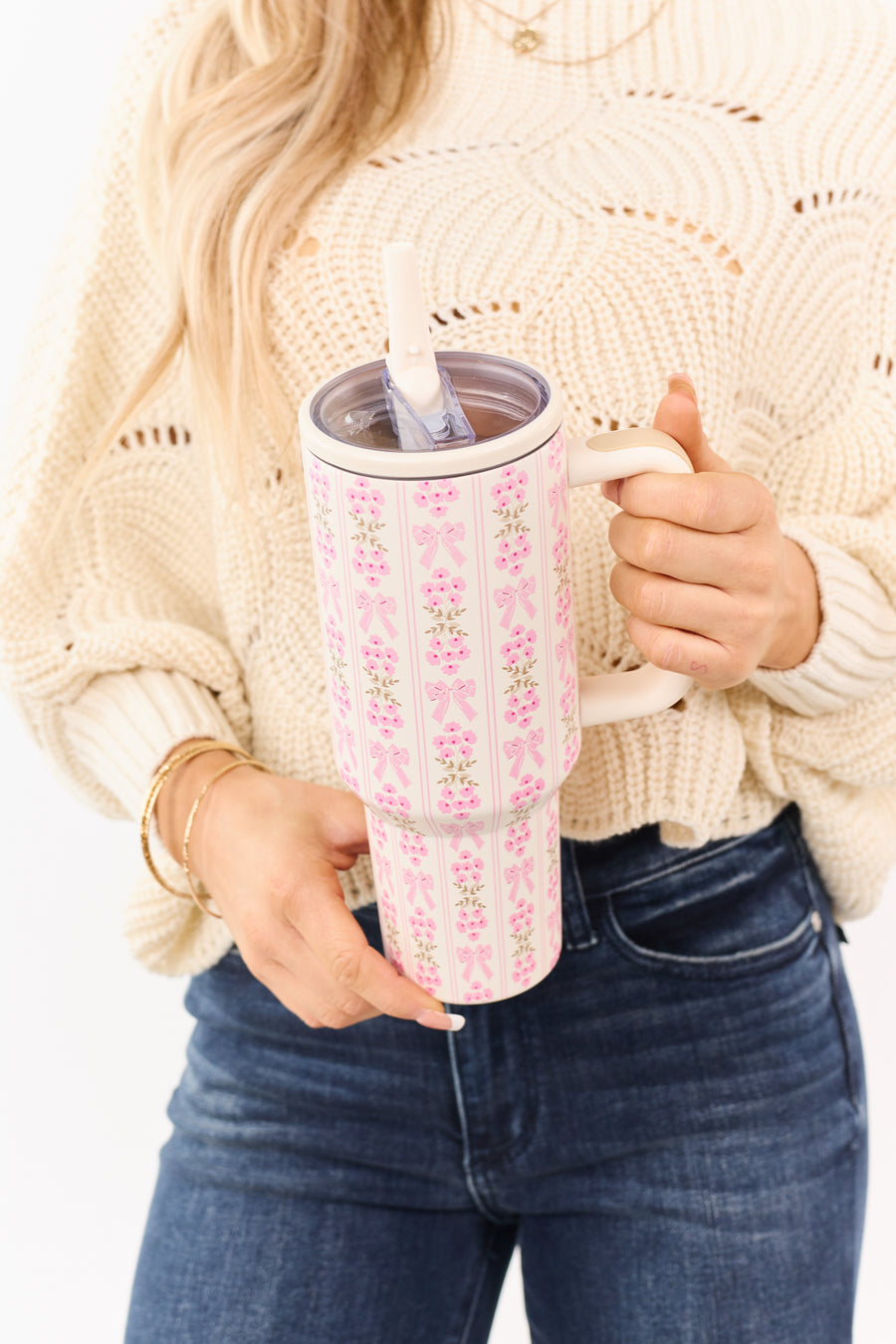 Cream and Baby Pink Floral Bow Print 40oz Tumbler