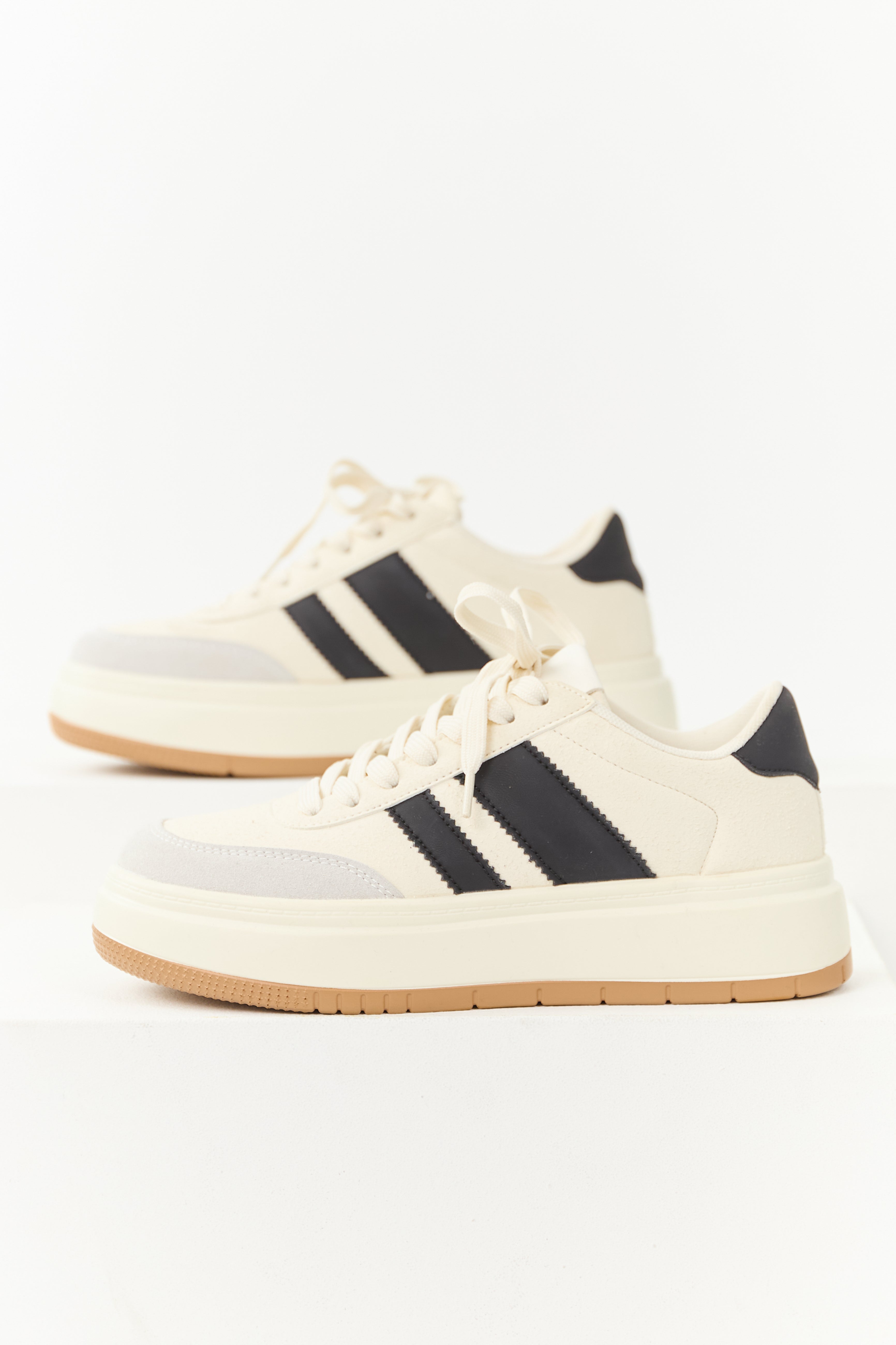 Cream and Black Lace Up Platform Sneakers