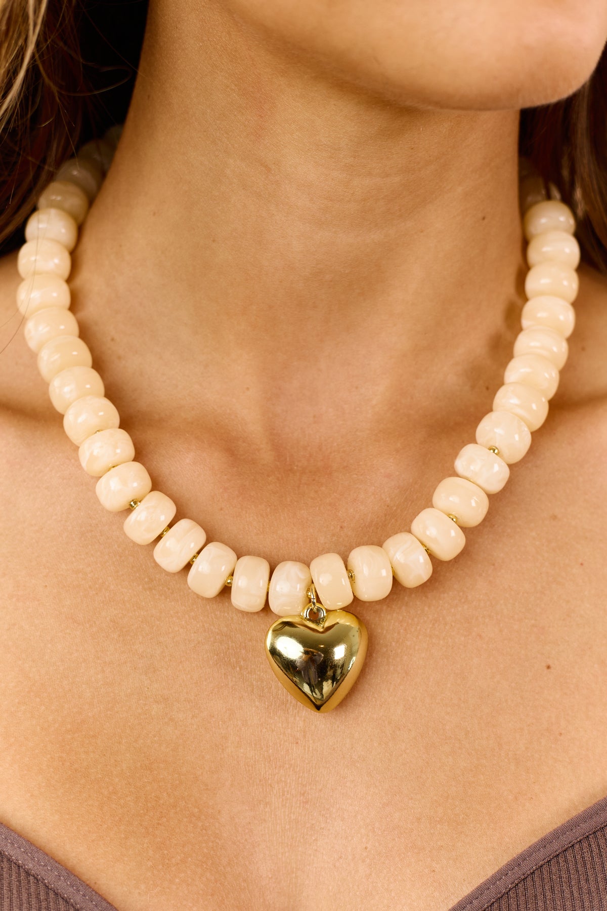 Cream and White Resin Bead Heart Charm Necklace