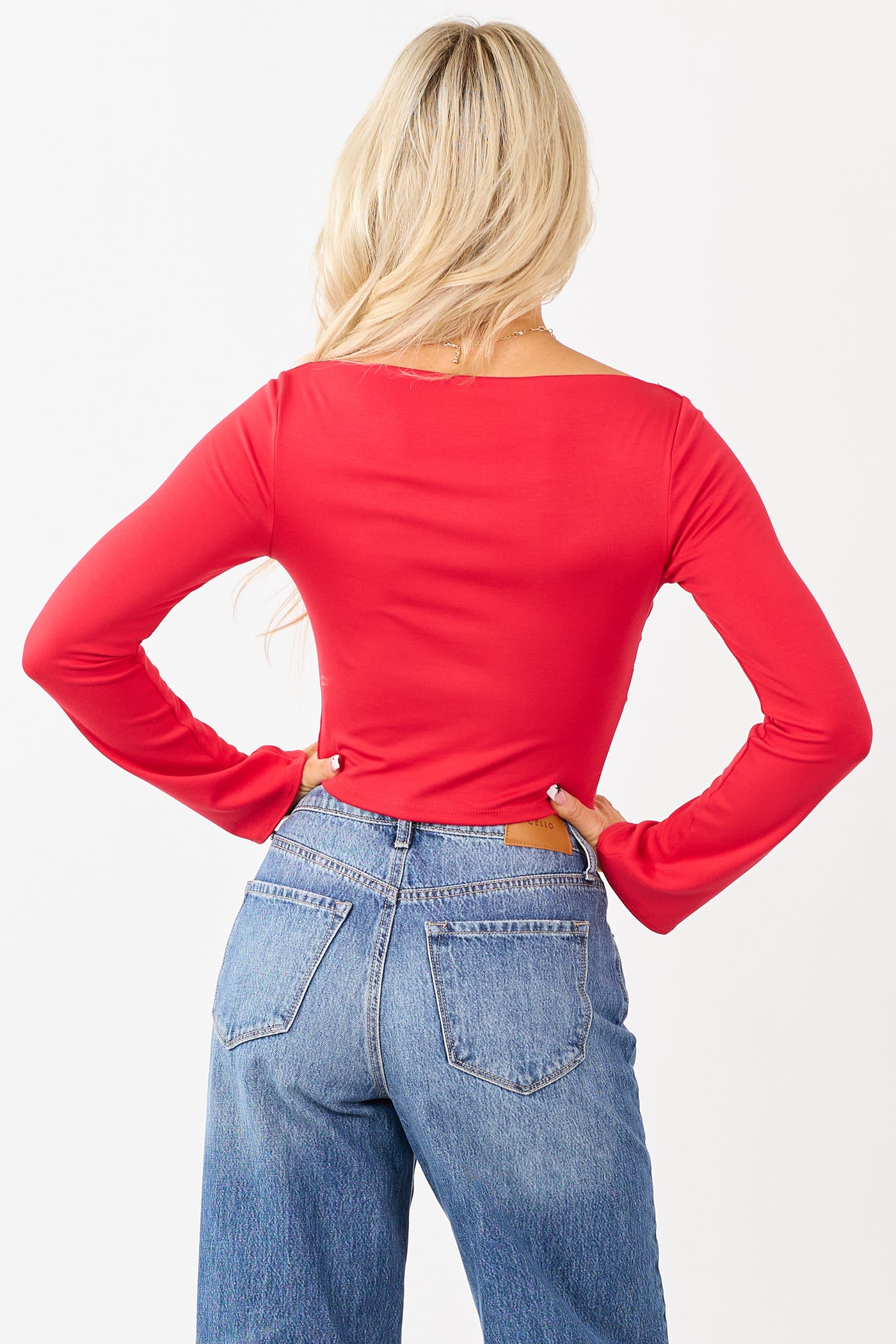 Crimson Bell Sleeve Boatneck Fitted Crop Top