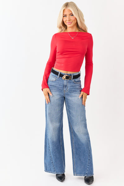 Crimson Bell Sleeve Boatneck Fitted Crop Top