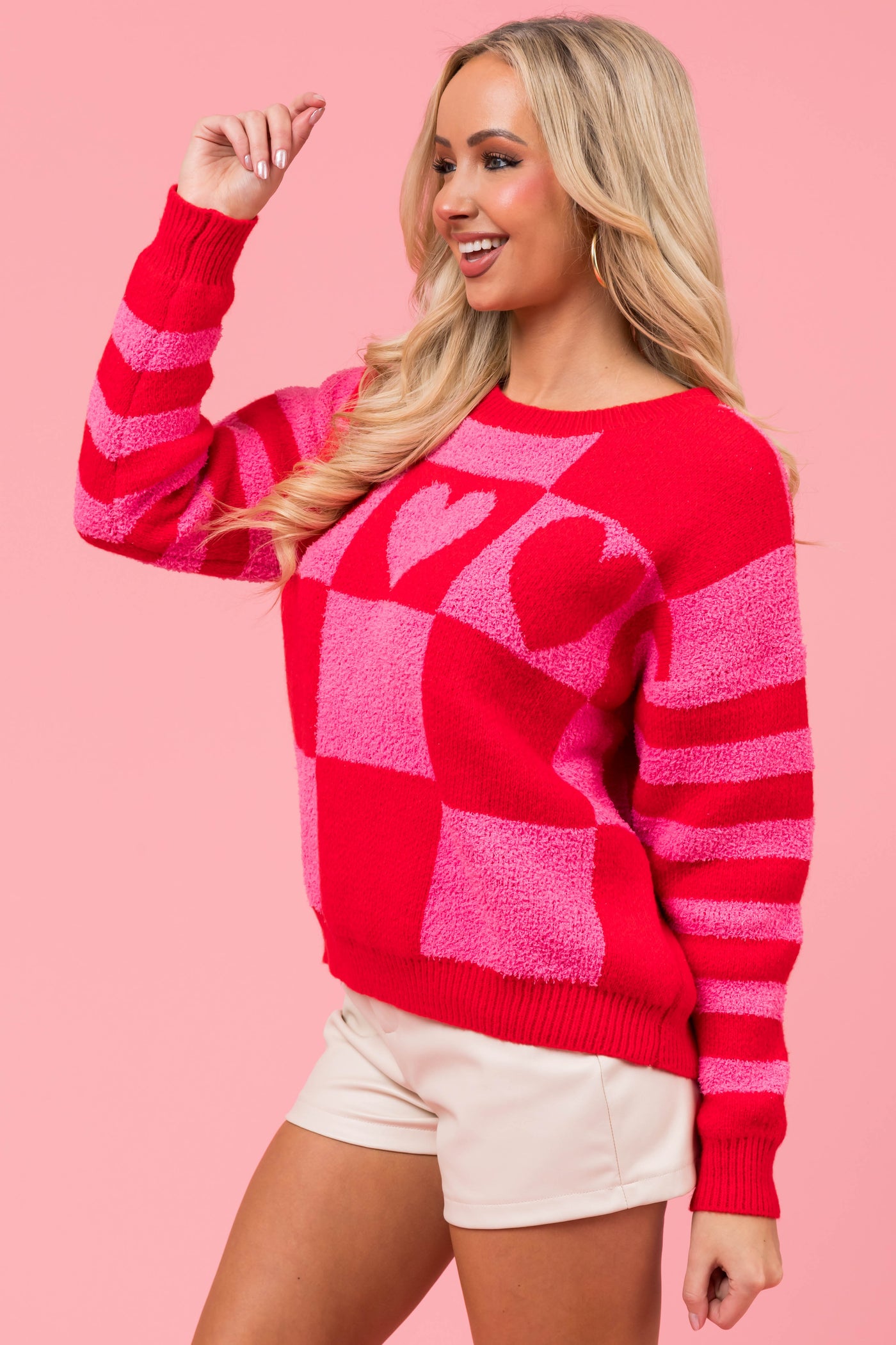 Crimson Checkered and Striped Heart Sweater